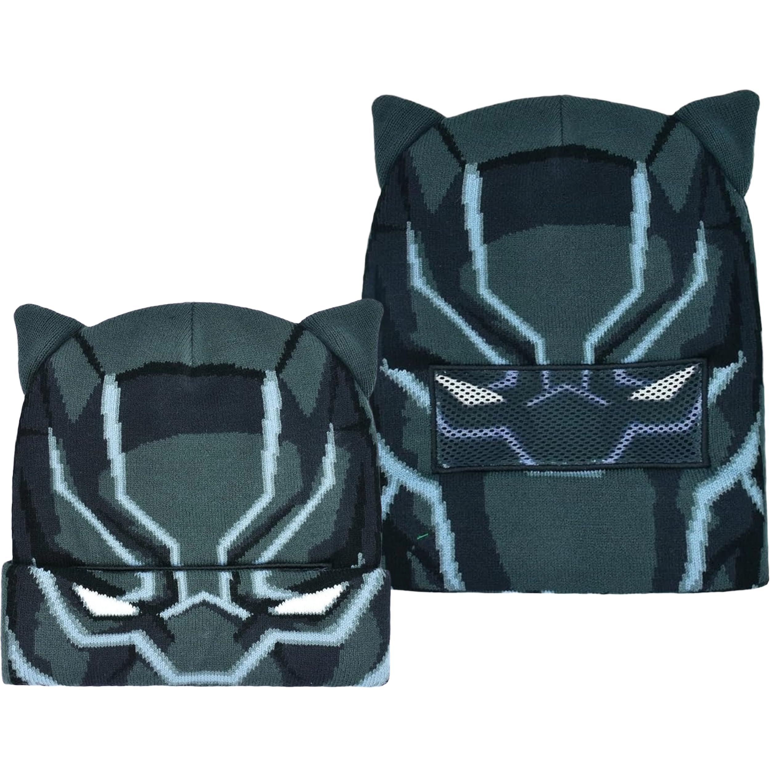 Marvel Black Panther Beanie Hat, Roll Down Mask Cuffed Adult Winter Knit Cap for Men and Women, Black, One Size