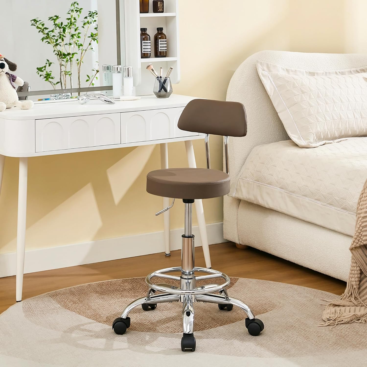 FIRAVOE Salon Rolling Chair, Adjustable Stool with Footrest and Back 19.5"-26.6",Coffee Brown Massage Stools with Wheels (Coffee Brown)
