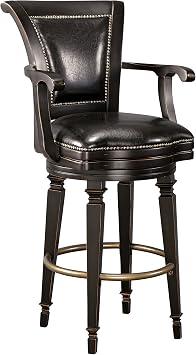 Howard Miller Northport Luxury Swivel Bar Stool Black Faux Leather, Antique Nailhead Trim, Non Return Swivel, Burnished Black Wood, High Back, Armrests & Footrest Elegant Home Bar Seating