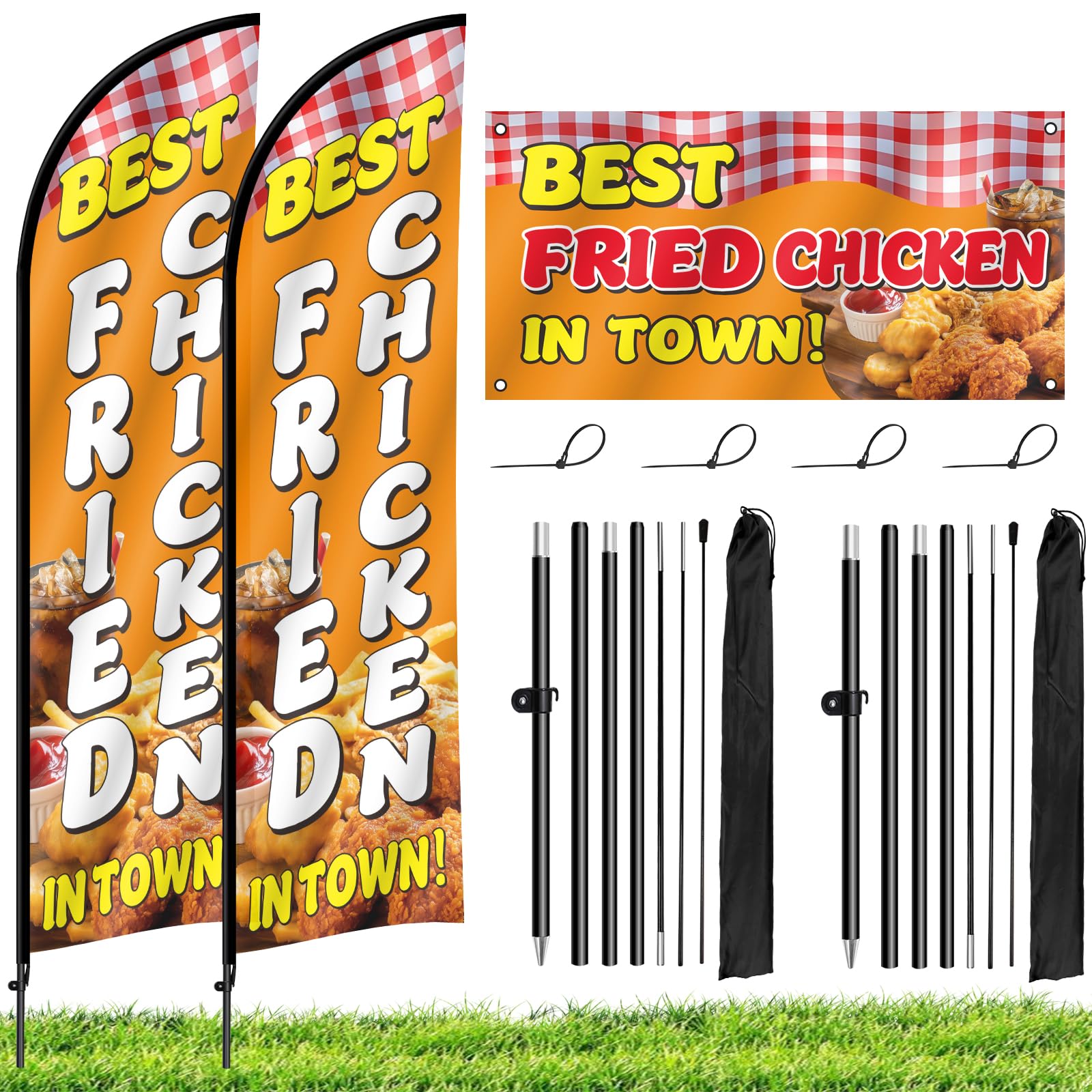 Kerty 2 Sets Fried Chicken Feather Flag with Pole Kit, 8.2FT Outdoor Advertising Banner for Food Trucks Business Store Fronts — image 1