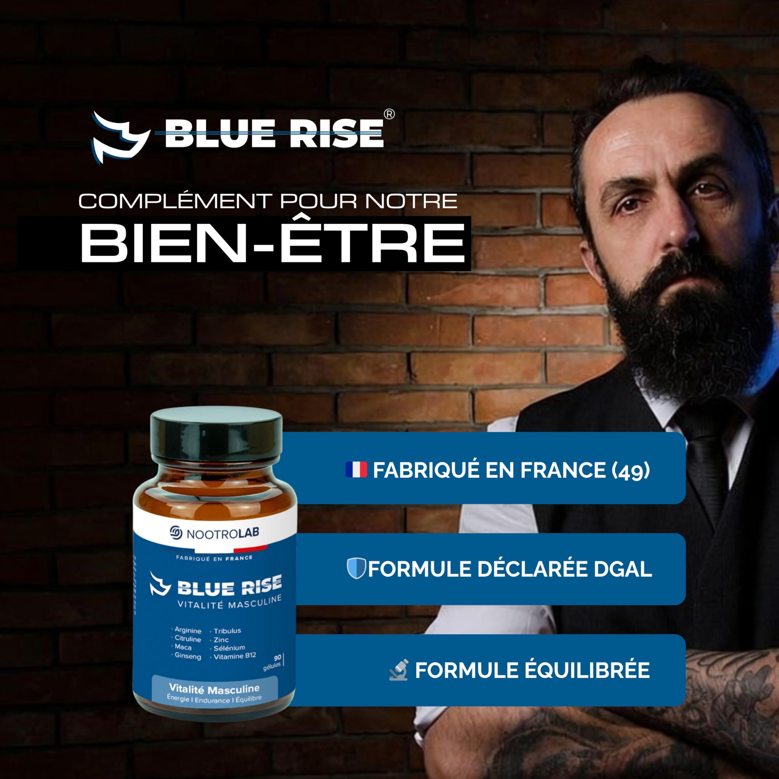 Blue Rise Nootrolab – Vitalité Masculine & Libido – Maca, Ginseng, Tribulus, Arginine, Citrulline – Zinc, Sélénium, Vitamine B12 – Énergie, Endurance, Testostérone – 90 Gélules – Fabriqué en France
