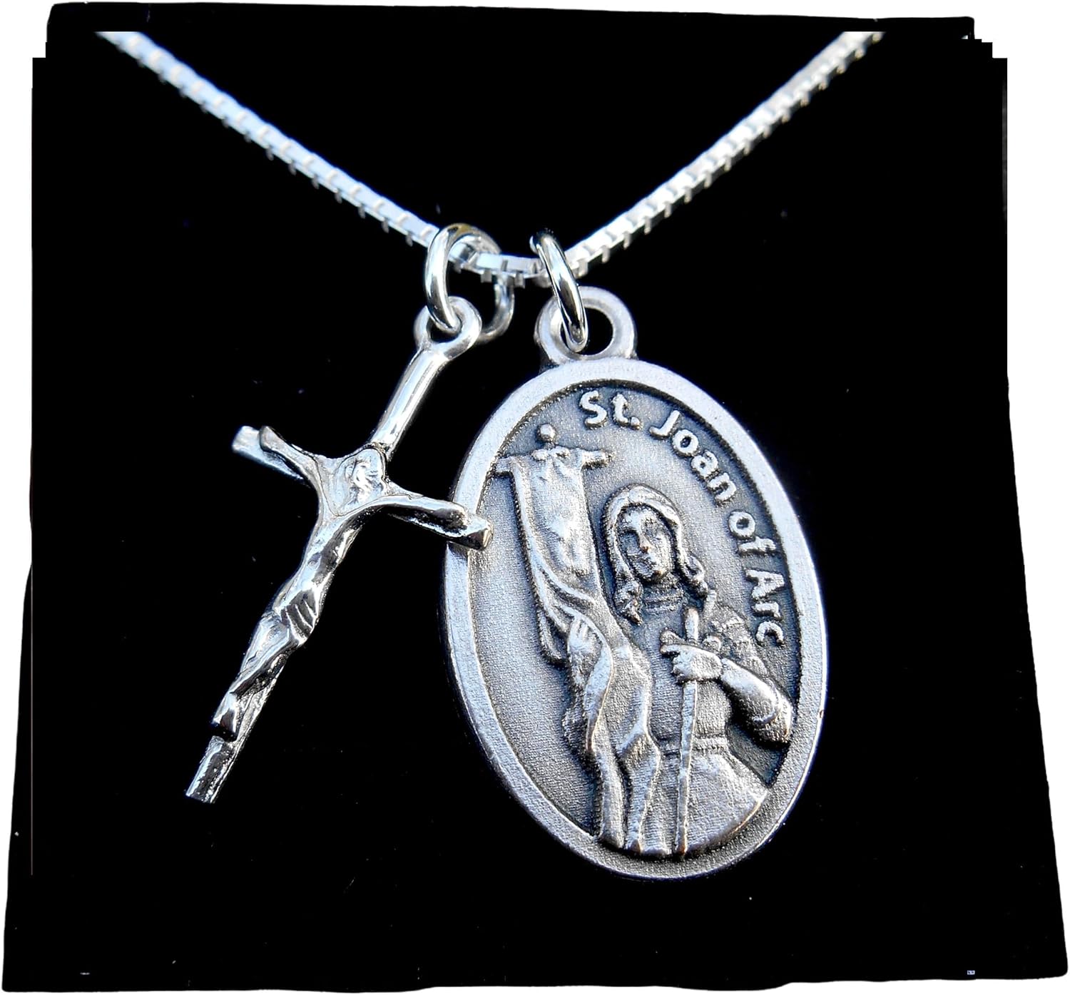 Saint Joan of Arc Necklace, Sterling Silver Cross Charm, 18" Sterling Silver Box Chain, Alloy Saint medal, Patron Saint Jewelry