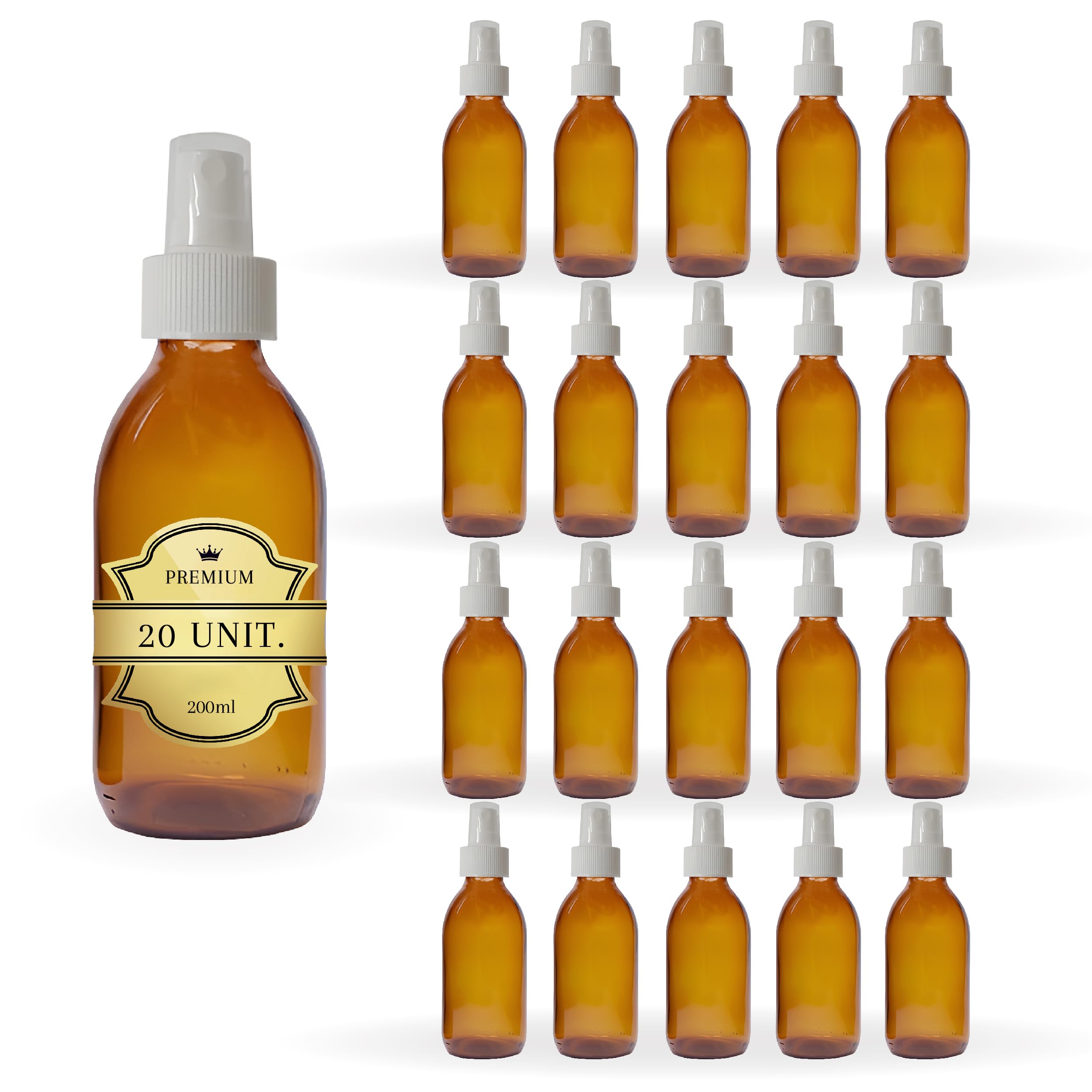 20x Flacon Spray en Verre Ambré de 200 ml avec Couvercle du Vaporisateur - Spray d'Huiles Essentielles, Cosmétiques, Échantillon Parfum, Vaporisateur Cheveux - Soins de la Peau et Capillaires