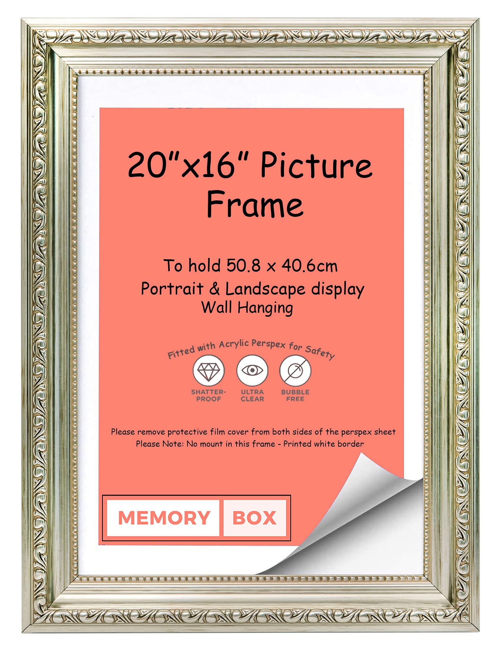 Memory Box Ornate Shabby Chic Picture/Photo/Poster frame with Perspex Sheet - (50.8 x 40.6cm) Silver 20" x 16"