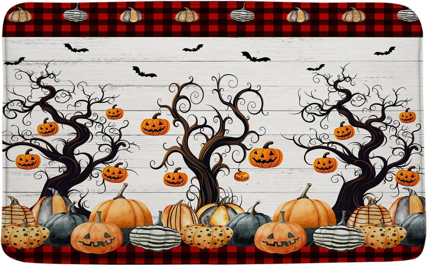 Spooky Halloween Bath Mat Gothic Pumpkin Dead Tree Bat Black Red Plaid Vintage Rustic Festival Bathroom Decor Rug Doormat Toilet Floor Rug,24x48 Inch