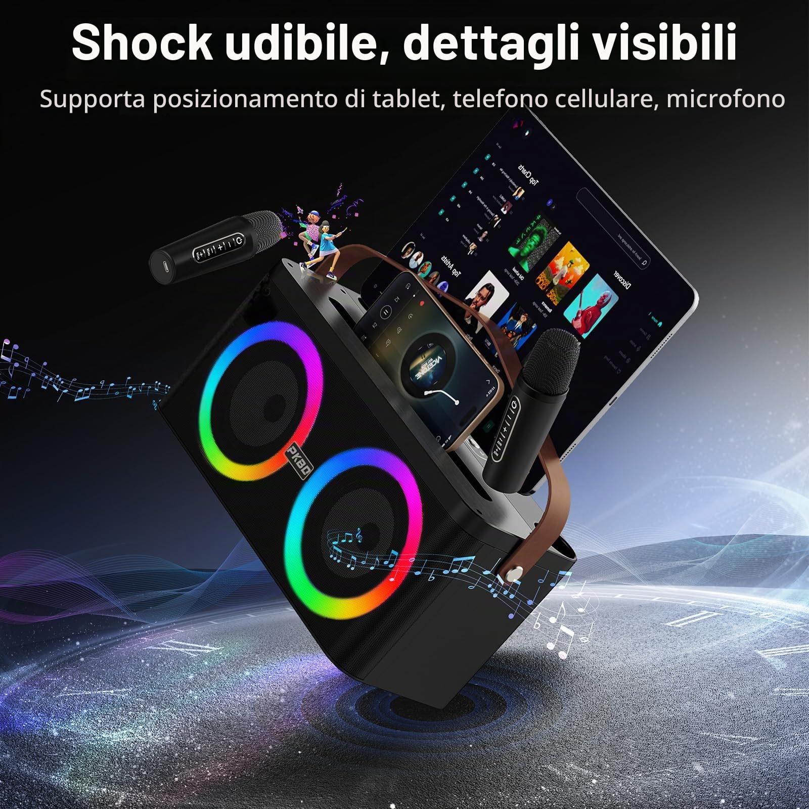Karaoke con Supporto per Telefono/Tablet, per Casa e Feste | Con Due Microfoni Wireless/Luci LED /Sistema PA, Positionnement du Microphone d'Appoint