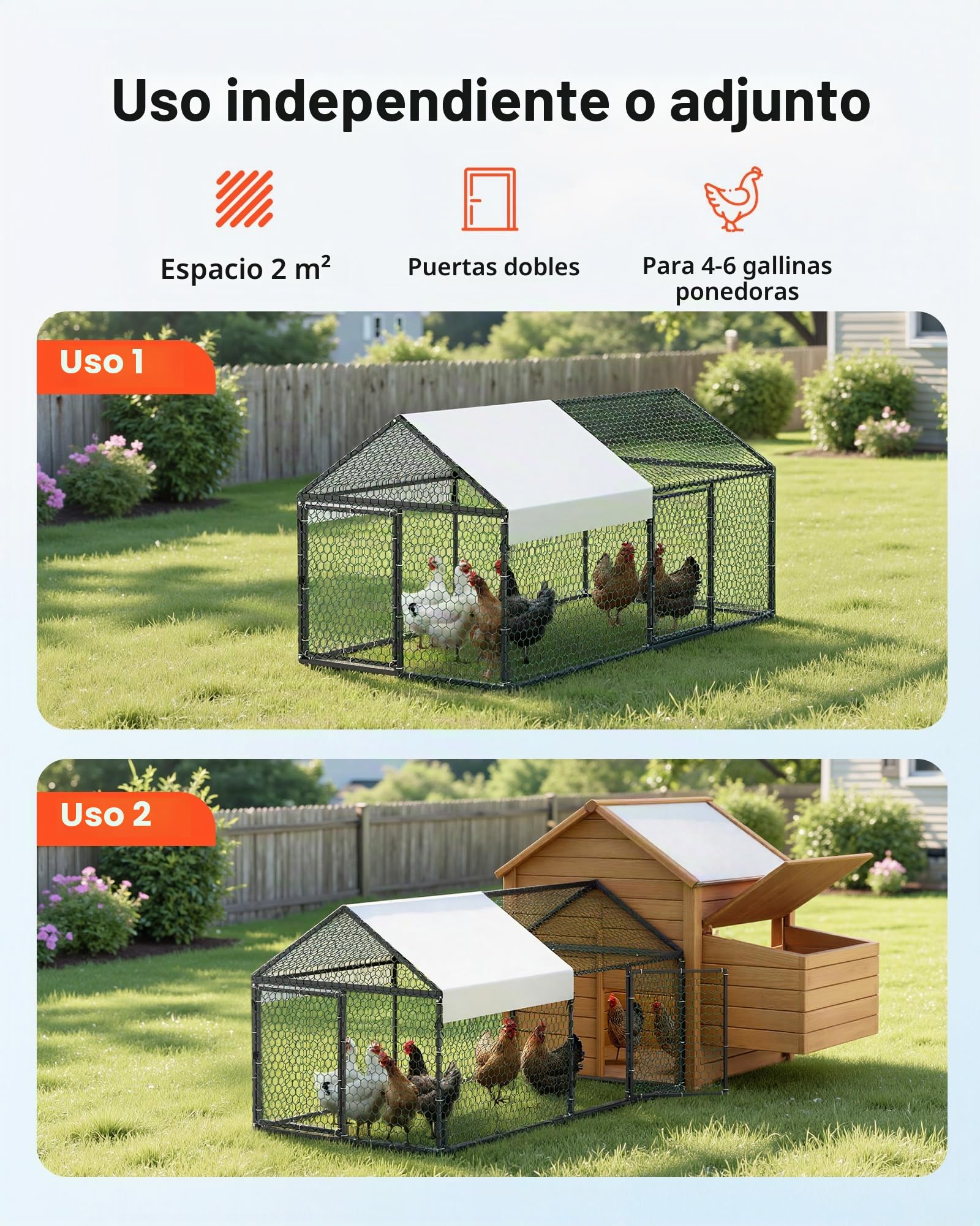 VEVOR Gallinero para Exterior, 1,0 x 2,0 x 1,0 m, Corral para Gallinas con Techo a Dos Aguas, con Cubierta Impermeable y 2 Puertas, Compatible con Ponedero de Madera, Gallinero Pequeño para 4-6 Pollos