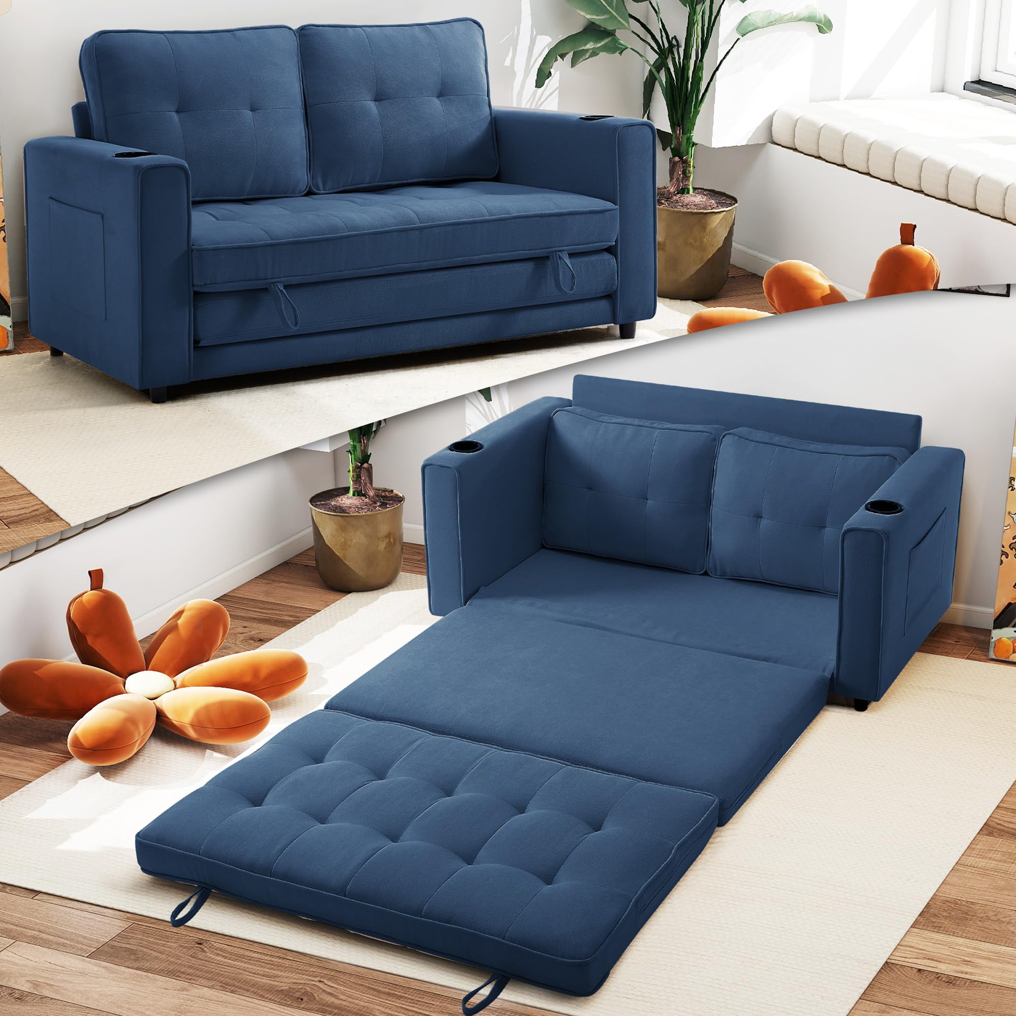 Urhanherry 54" Folding Sofa Bed Full Size, Pull Out Couch Small Love Seat Sleeper Bed Futon, Fold Out Floor Gaming Couch with Cup Holder for Dorm, Bedroom, Small Spaces(Blue)