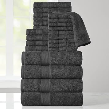 24-Piece Set of Towels, Lightweight 380 GSM Cotton Towels, Quick Drying, Absorbent Hand Towels, Fingertip Towels, Bath Towels, Washcloths, Black