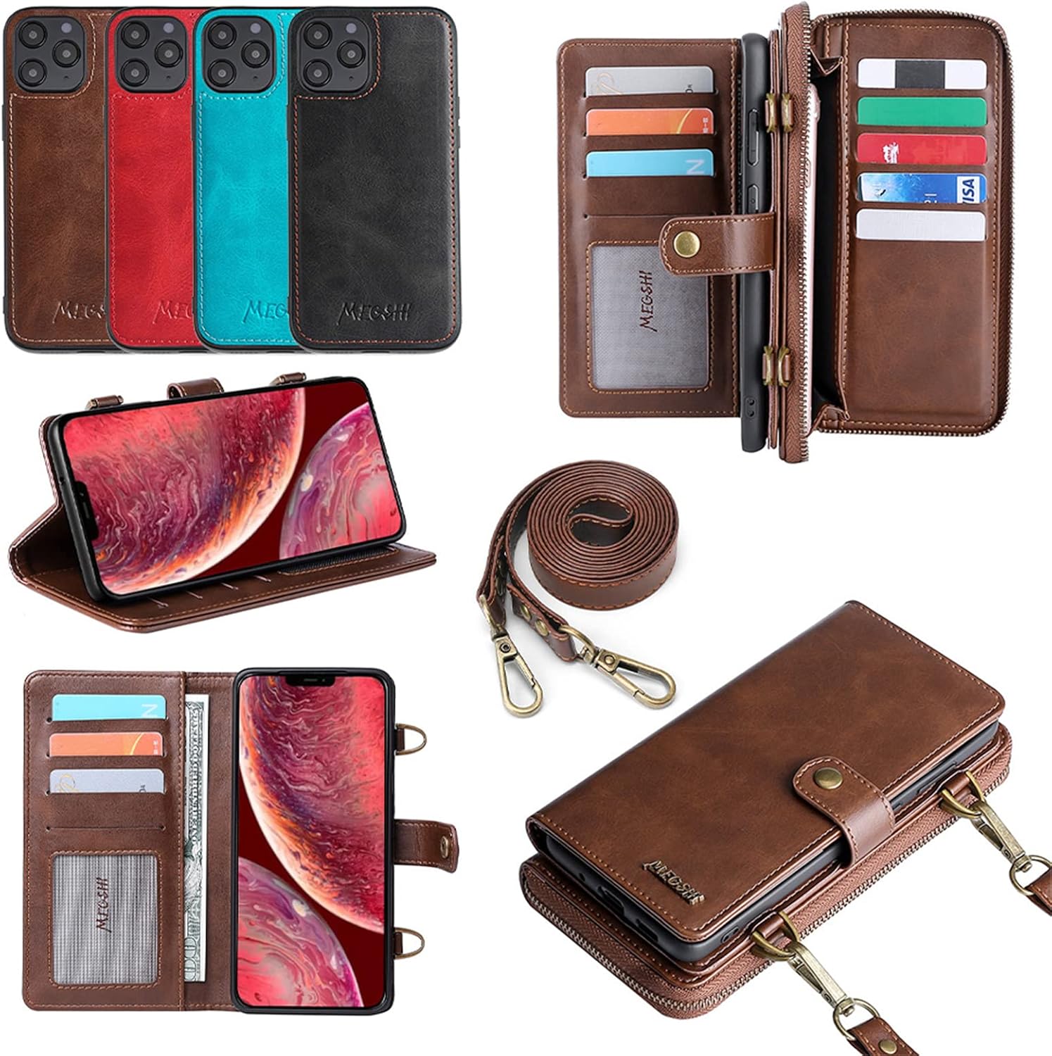 Crossbody Wallet Case for iPhone 12 Pro Max/12 Pro/12/12 Mini,Magnetic Detachable PU Leather Flip Folio Cover Handbag Zipper Pocket Card Slots Kickstand with Strap