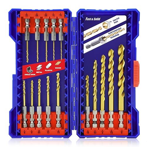 Handree - Juego de 15 brocas de vástago hexagonal, juego de brocas de impacto HSS para metal, diseño de cambio rápido, brocas helicoidales de