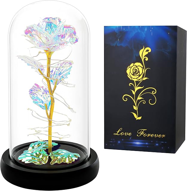 Valentines Day Gifts For Her,Valentines Rose Flower Gifts For Women,Valentines Gifts Birthday Gifts,Valentine's Day Roses Gifts For Mom Girlfriend Wife,Colorful Rainbow Light Up Rose In A Glass Dome