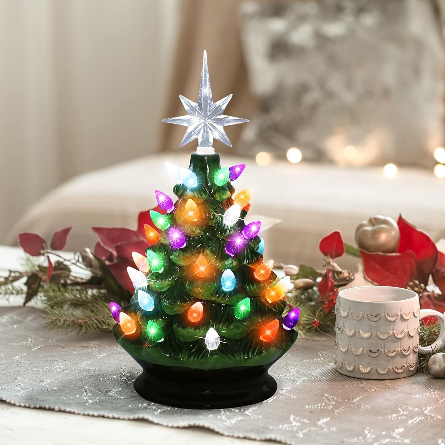 Joiedomi 9" Tabletop Prelit Ceramic Christmas Tree with LED Lights Battery Powered, Mini Hand-Painted Christmas Tree for Holiday Decoration