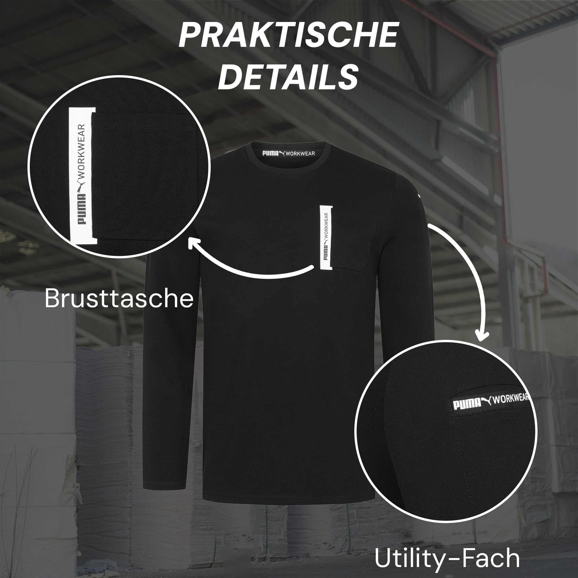 PUMA Workwear Advanced Kollektion - Longsleeve Herren Pullover - Brusttasche und Utility Fach an der Schulter, Strapazierfähiges und atmungsaktives Gewebe - Für Handwerk und Logistik