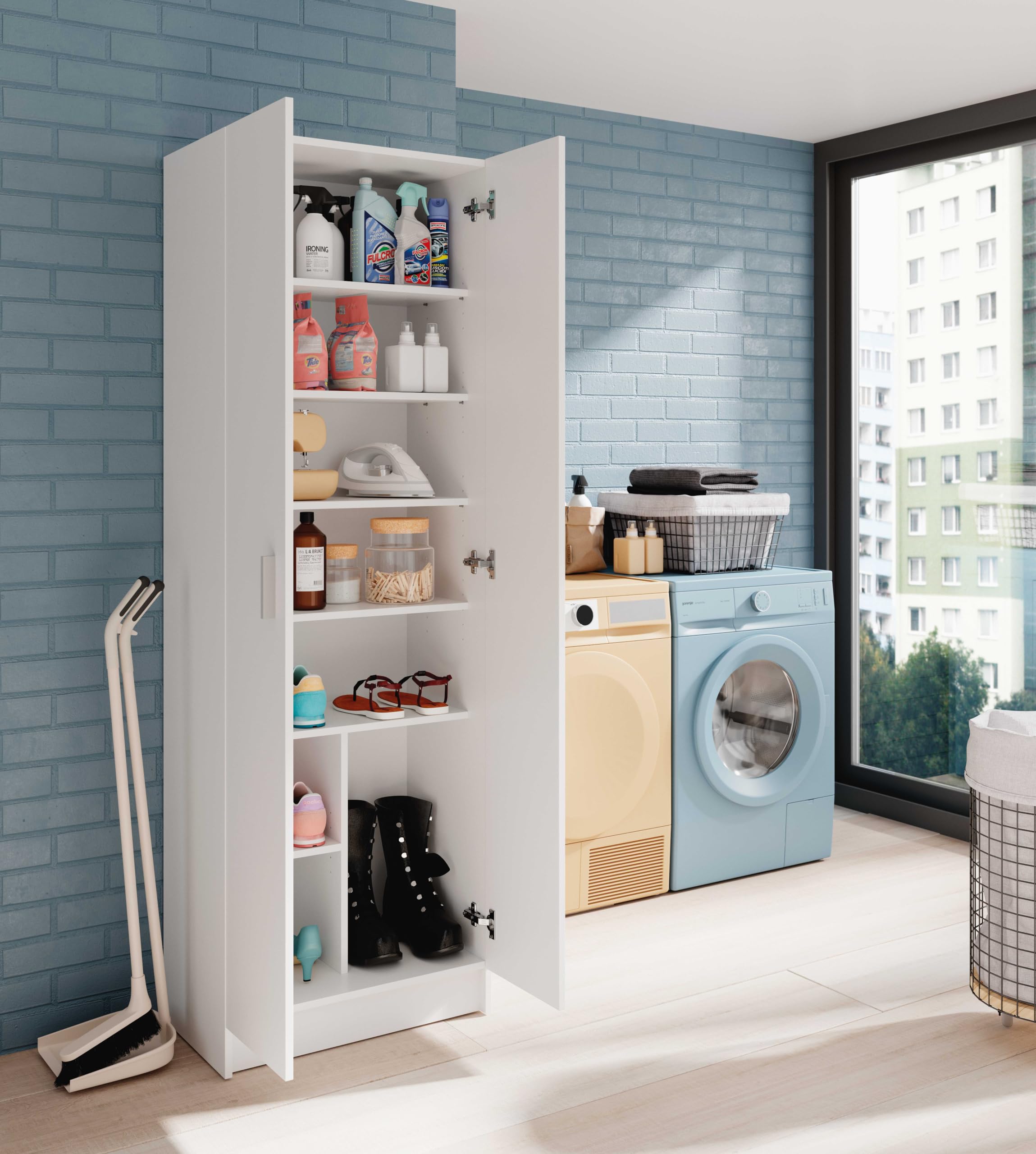 Habitdesign Armario Multiusos Adhara de 2 Puertas, Armario Auxiliar de Limpieza o Zapatero, Incluye 6 Estantes, Color Blanco Mate, Medidas: 180x59x37 cm