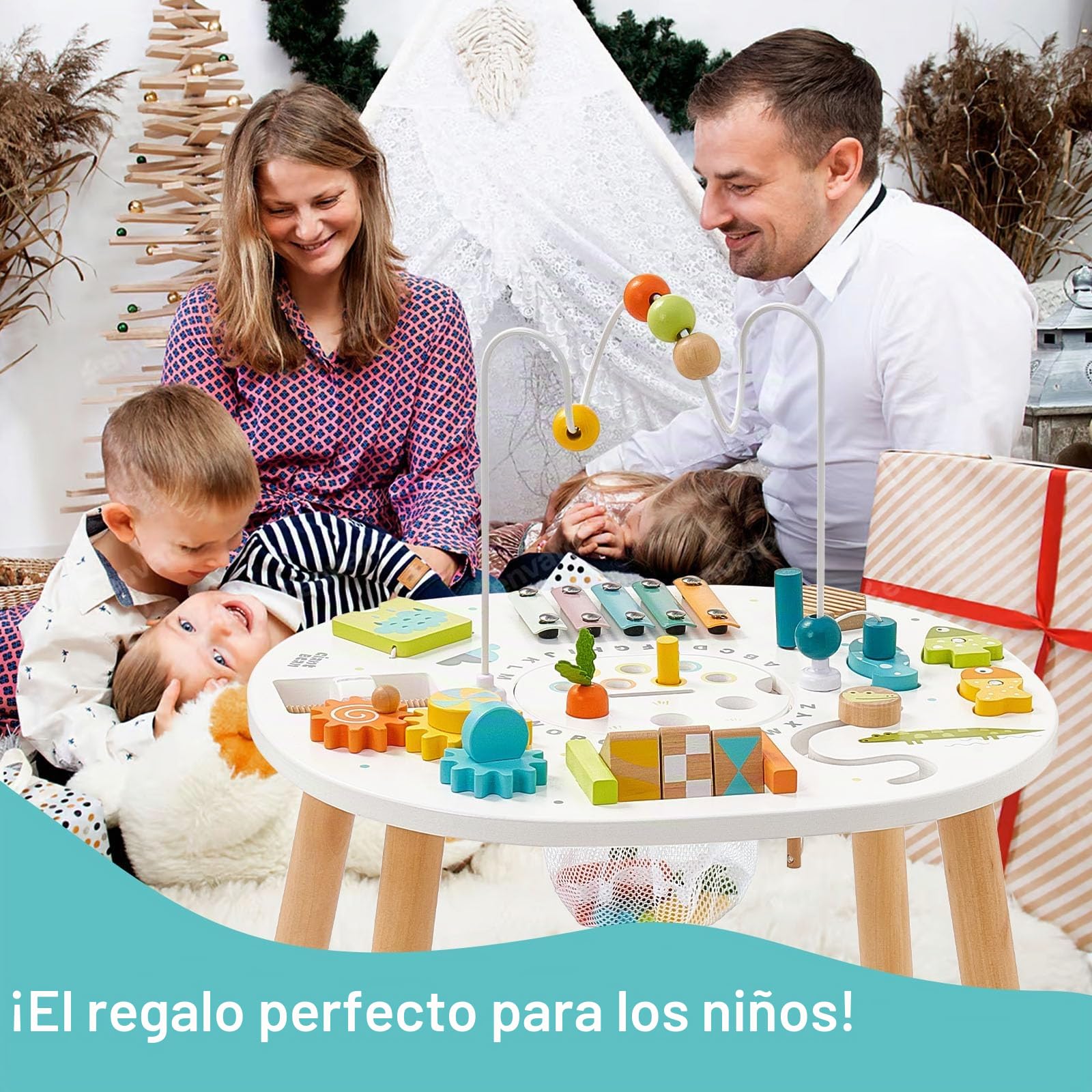 Giant bean Mesa de actividades de madera para niños de 1 año, mesa de aprendizaje Montessori 11 en 1 con laberinto de cuentas, clasificador de formas, juego de pesca y más, juguete de desarrollo