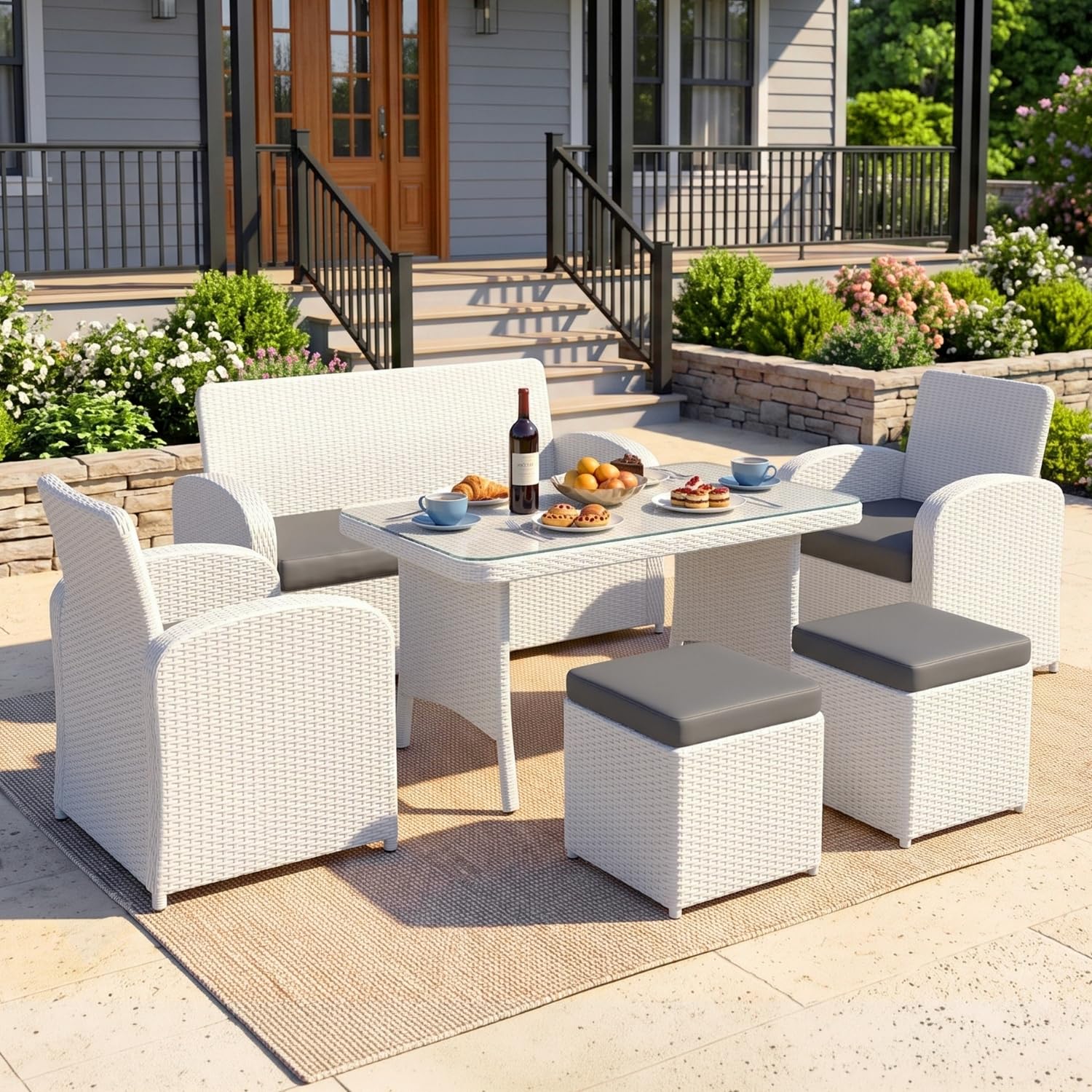 DEVOKO 6 Piece Patio Outdoor Waterproof Furniture Sofa, All-Weather Hdpe Rattan and Wicker Conversation Set with Cushion and Center Table for Porch, Lawn, Garden, Backyard (White & Gray)