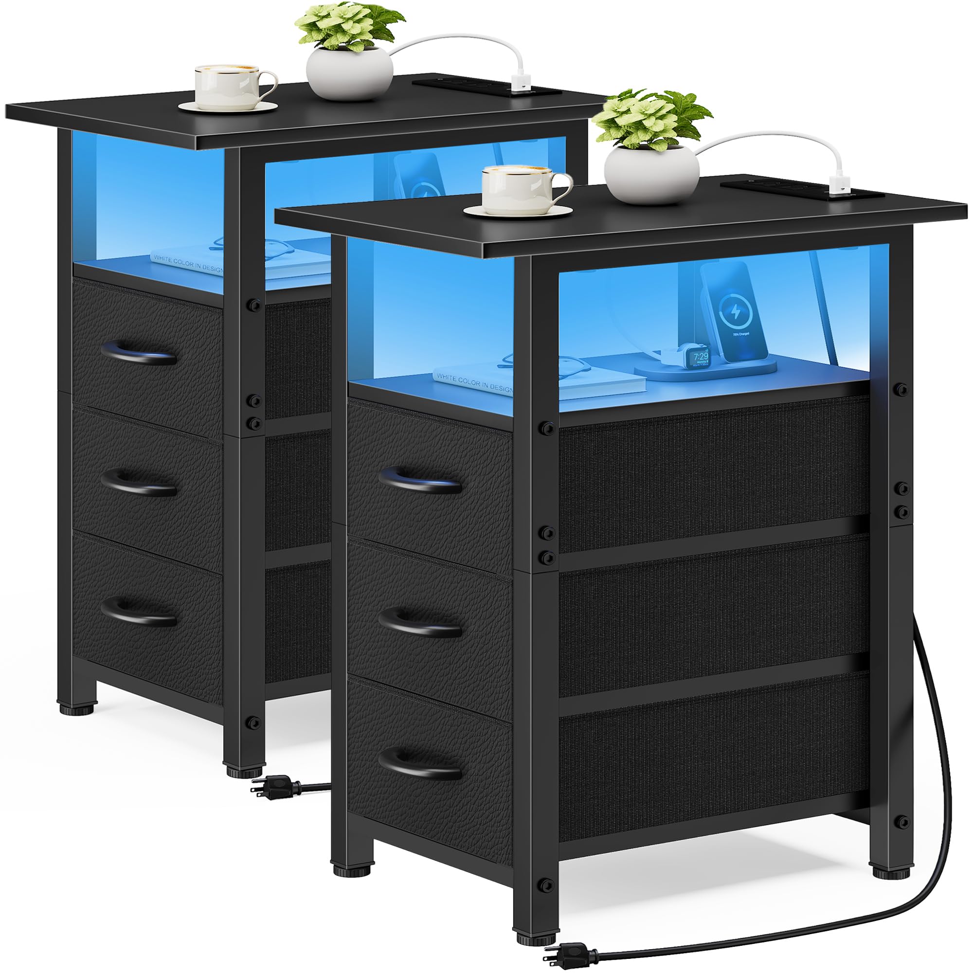 Vagusicc Set of 2 Black Nightstand with Charging Station and LED
