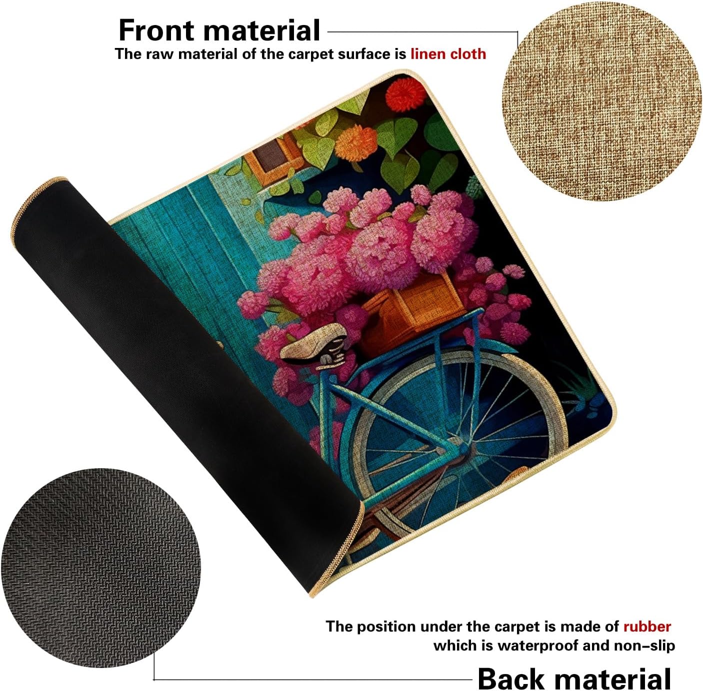 Spring Washable Door Mat Rustic Cottage Farmhouse Bicycle Beautiful Flower Blue Violet Orange Rubber Absorbent Duty Decorations Bathroom Patio Office Porch Home Waterproof Non Slip 17x29 inch