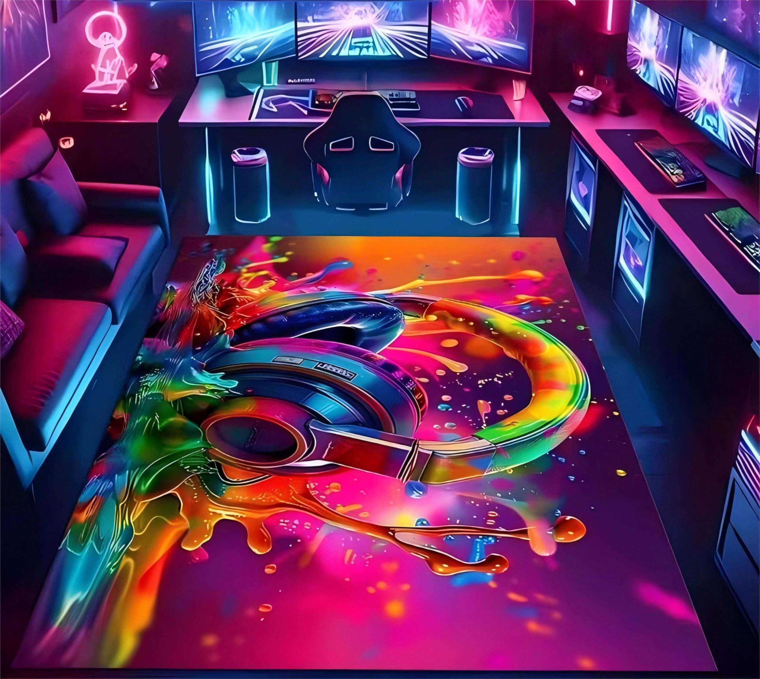 Cool 3D Area Rug, 100x150cm Abstract Graffiti Design Colorful Headphones Art Decorative Carpet, Gamer Floor Carpet, Gaming Rugs for Boys Teenagers Adults Living Room Bedroom Dining Room Lounge