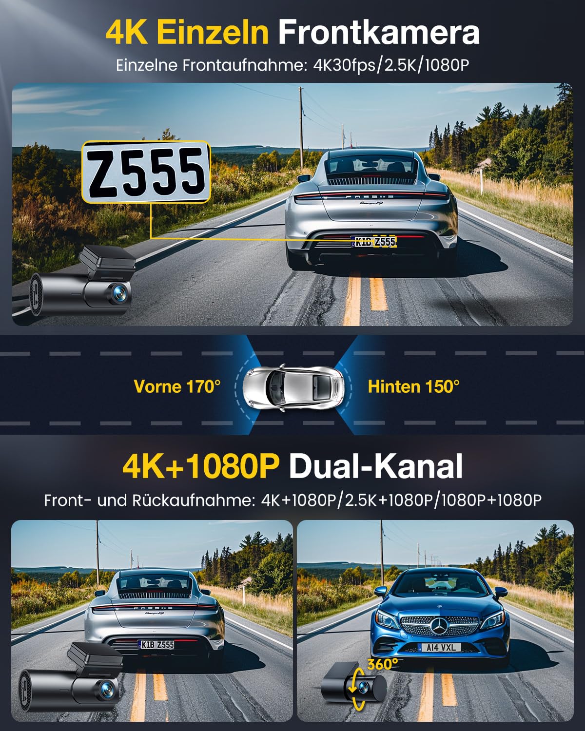 GKU 4K Dashcam Auto Vorne Hinten, 5GHz WiFi GPS, Dual Dash Cam, 1.5" IPS Mini Auto Kamera mit 64GB SD Karte, Parküberwachung, Super Nachtsicht, WDR, 170° Weitwinkel, G-Sensor, APP Steuerung