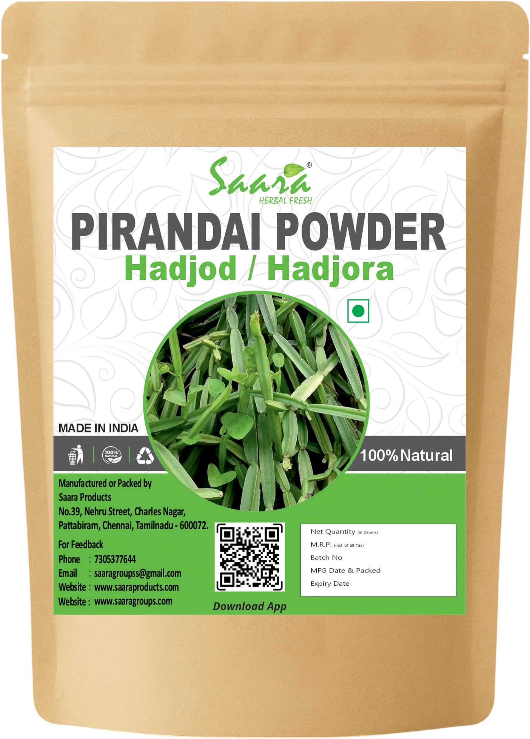 Pirandai Powder, 200g, Nalleru, Cissus Quadranglaris, Hadjod, Veldt Grape Powder,(pack of 2 x 100g)