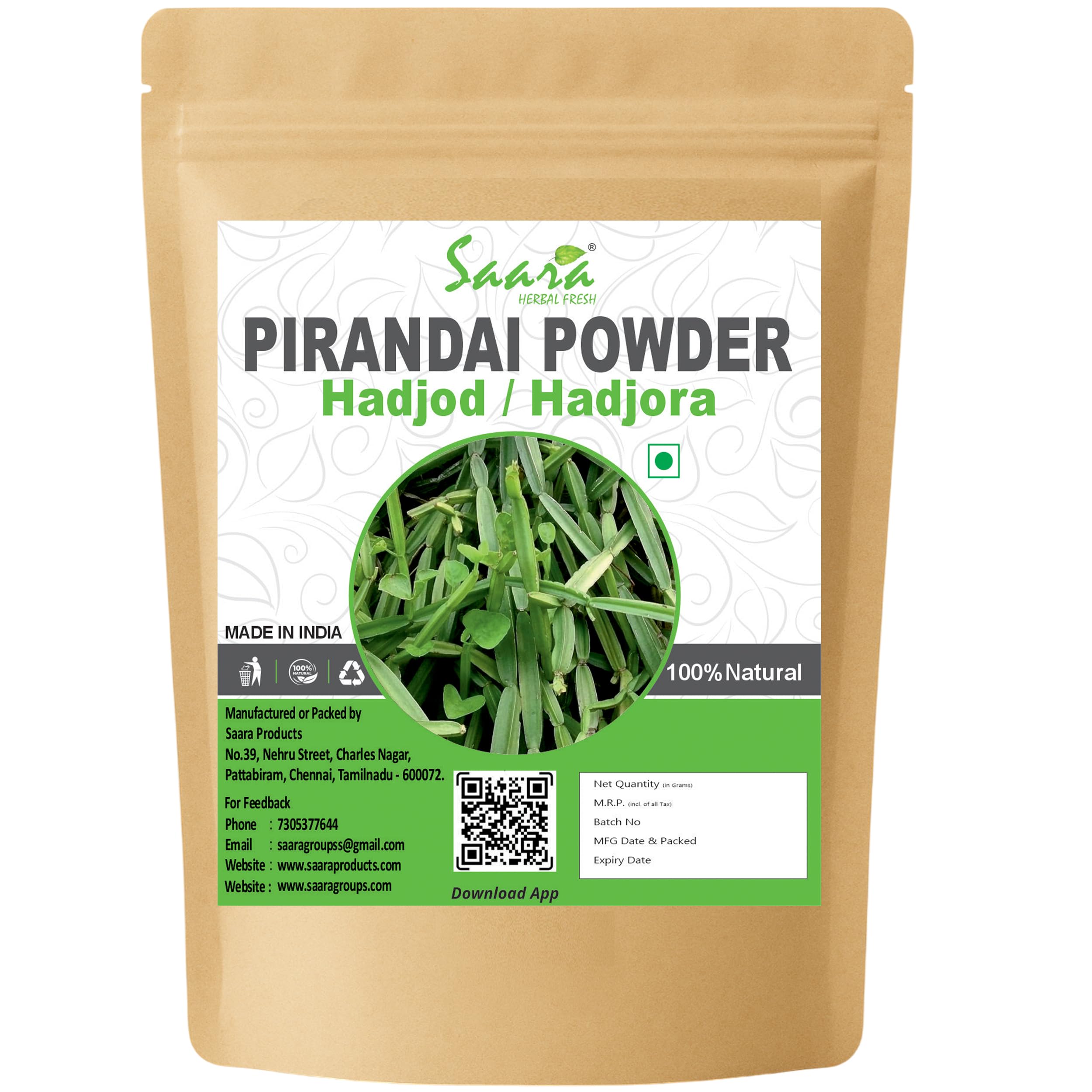 Saara HERBAL FRESH Pirandai Powder, 100g, Nalleru, Cissus Quadranglaris, Hadjod, Veldt Grape Powder, (pack of 1x 100g)
