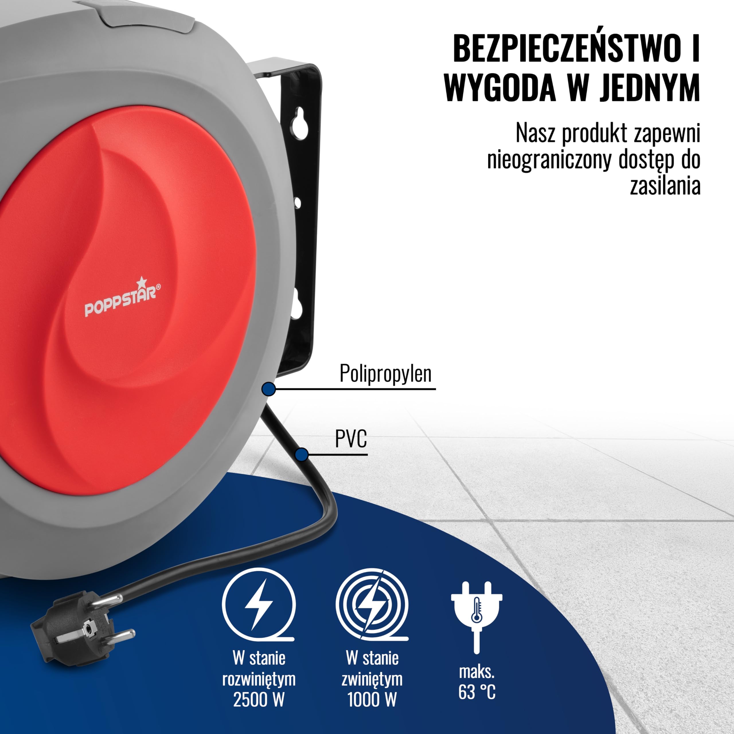 Poppstar kabel zwijany automatycznie na bębnie, dł.kabla: 20 m + 2 m (maks. 2500 W) automatyczny zwijacz kabla IP20, do montażu na ścianie i suficie