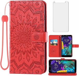 Funda de teléfono para LG Aristo 4 Plus 4+/Tribute Royal X320/Escape Plus/Journey LTE L322DL/K30 2019/Arena 2/X2 2019/Prime 2 con protector de pantalla de vidrio templado con tapa abatible y soporte para tarjetas, color rojo