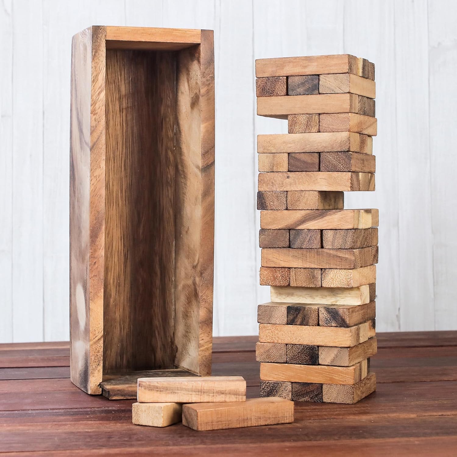 NOVICA Brown Hand Made Rain Tree Wood Tower Box, 'Fun' Stacking Game