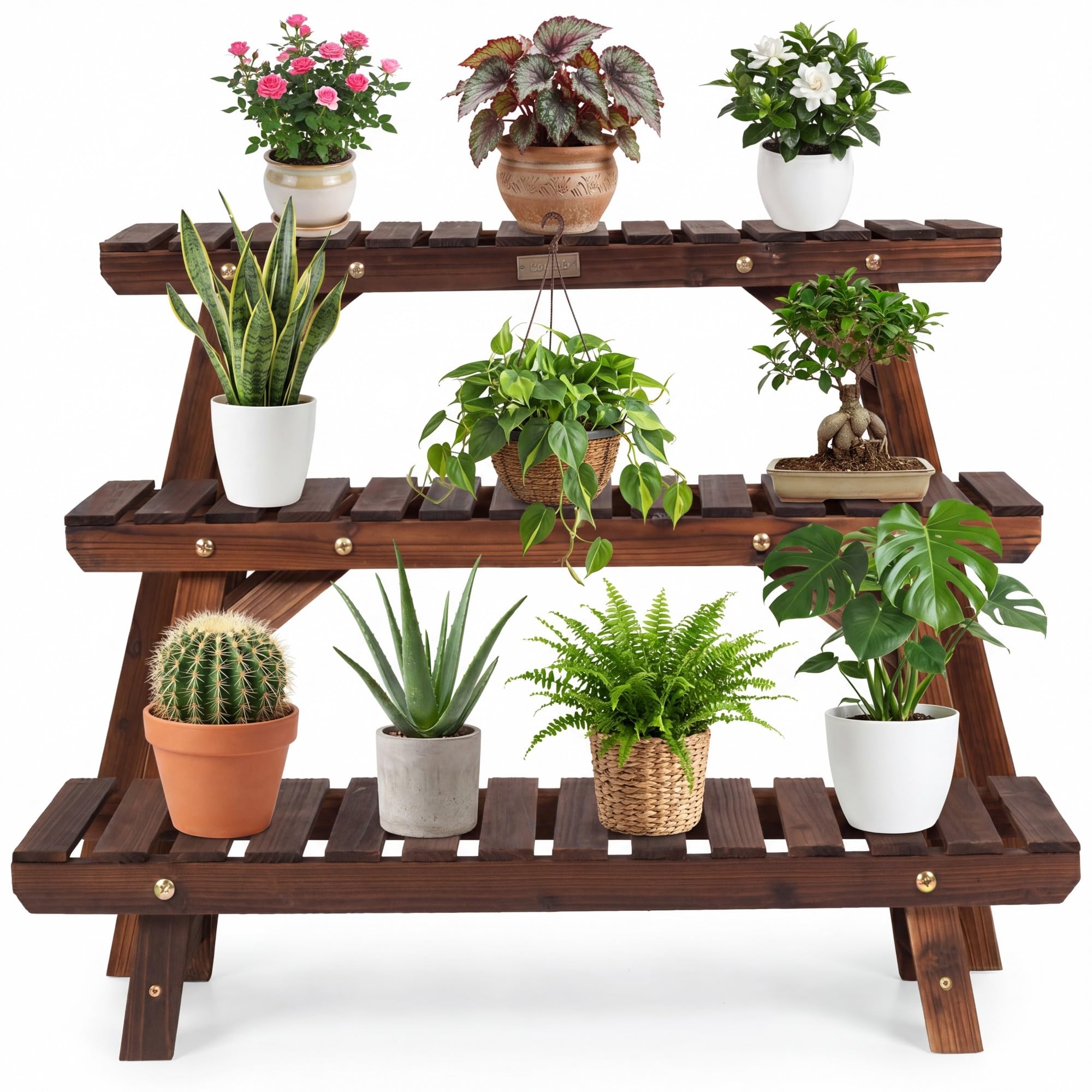 GYMAX 3-stufiges Blumenregal, kombinierbarer Pflanzenregal Outdoor, Pflanzenständer Blumenständer aus Tannenholz im Lattenrost-Design, mehrschichtiges Blumentopfregal für Garten, Hof