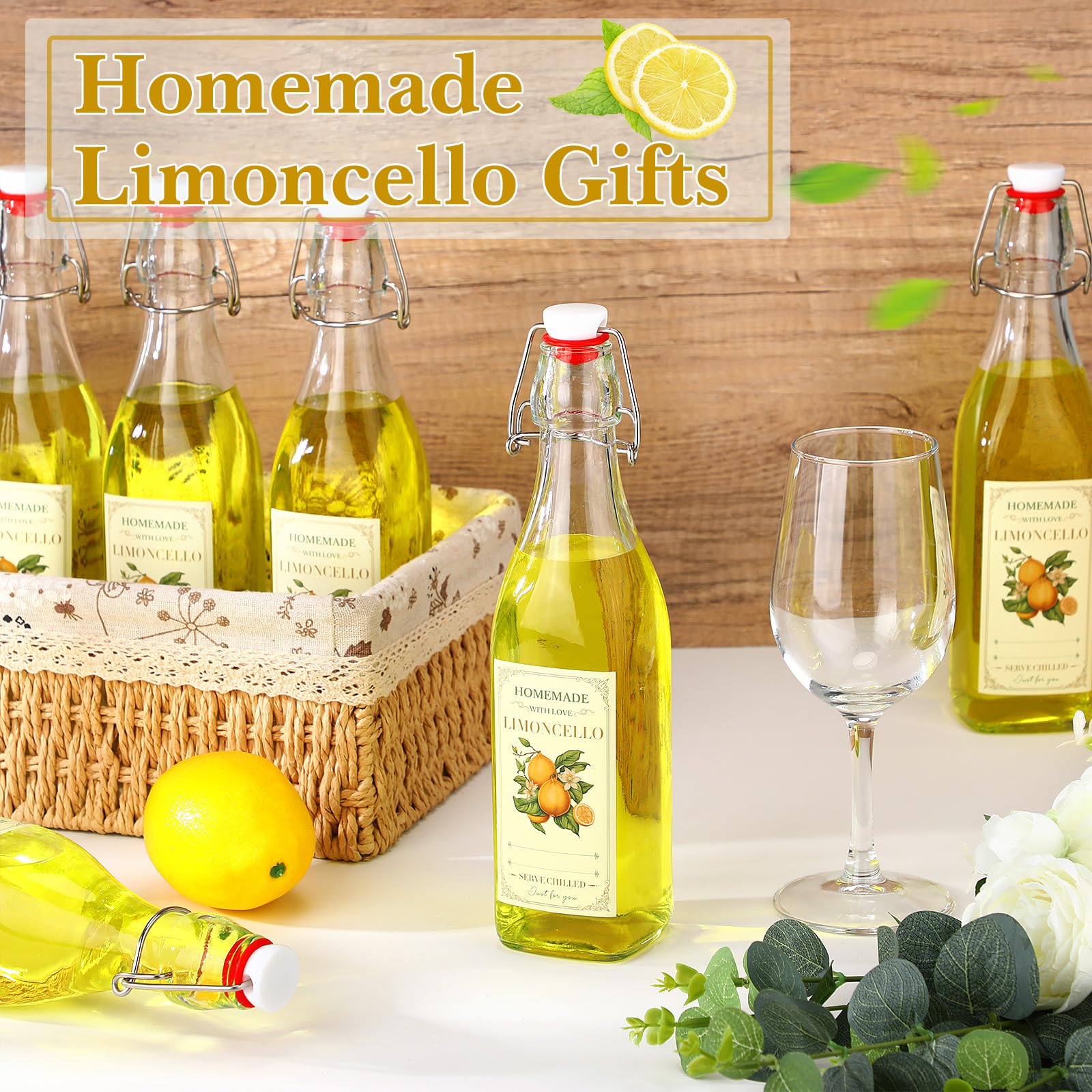 Havawish Bügelverschluss-Glasflaschen für Limoncello hausgemachte klare Bierflaschen mit luftdichtem Deckel, Etiketten zum Brauen von Limoncello, Getränke, Likör (quadratischer Stil), 10 Stück