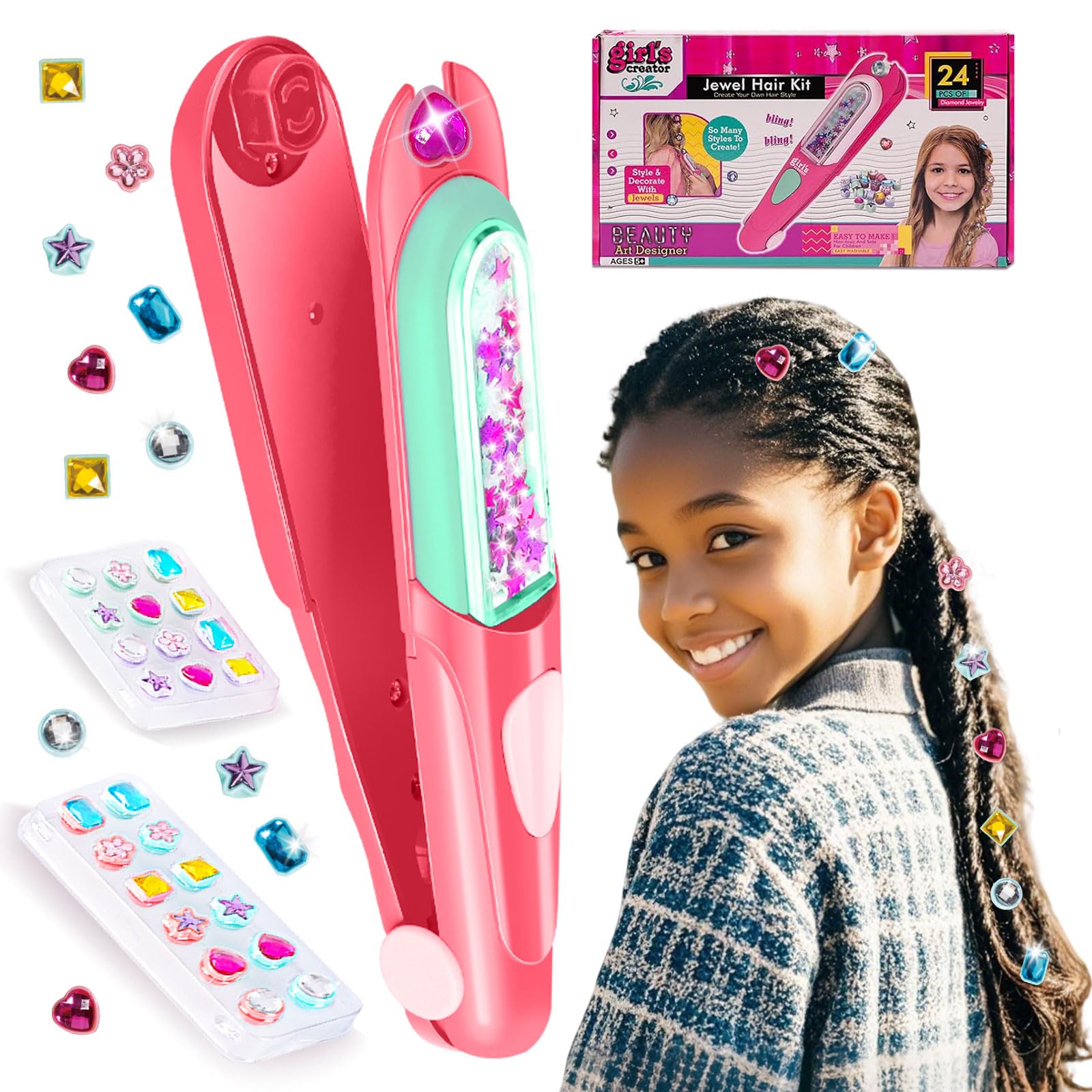 Lucky Mami Hair Gem Stamper Kit, Hair Bedazzler Styling Tool with Reusable Rhinestones, Girls Hair Accessories, Birthday Gift Toy