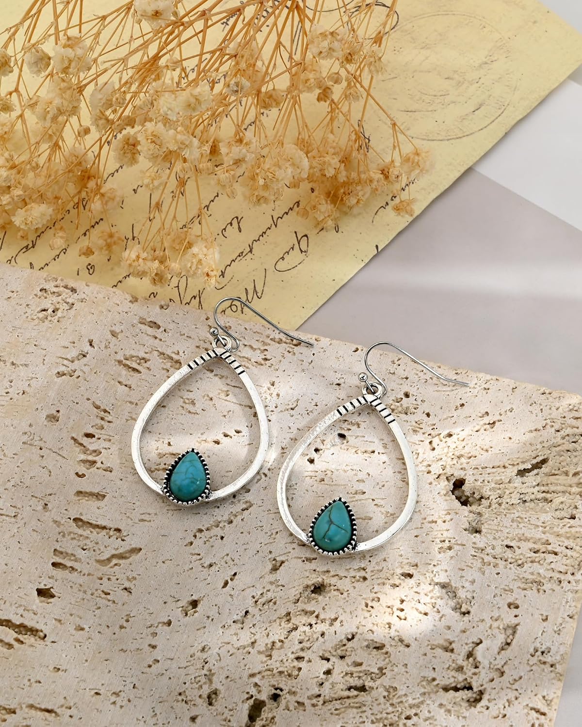 Silver Turquoise Bohemian Western Teardrop Dangle Earrings Vintage Stone Earrings for Women Cowgirl December Birthstone Jewelry - Image 5