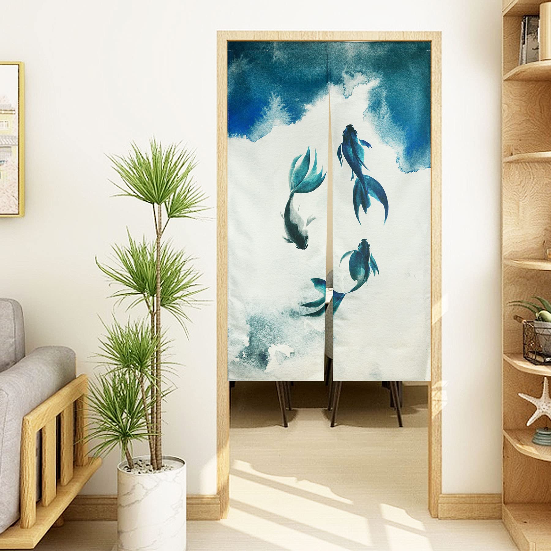 LIGICKY Style Chinois Traditionnel Rideau Peinture à l'Encre Poisson Lin Épais Noren Long Rideau de Porte Style Japonais Rideau de Porte Séparateur de Pièce Tapisserie pour la Maison Séparateur de