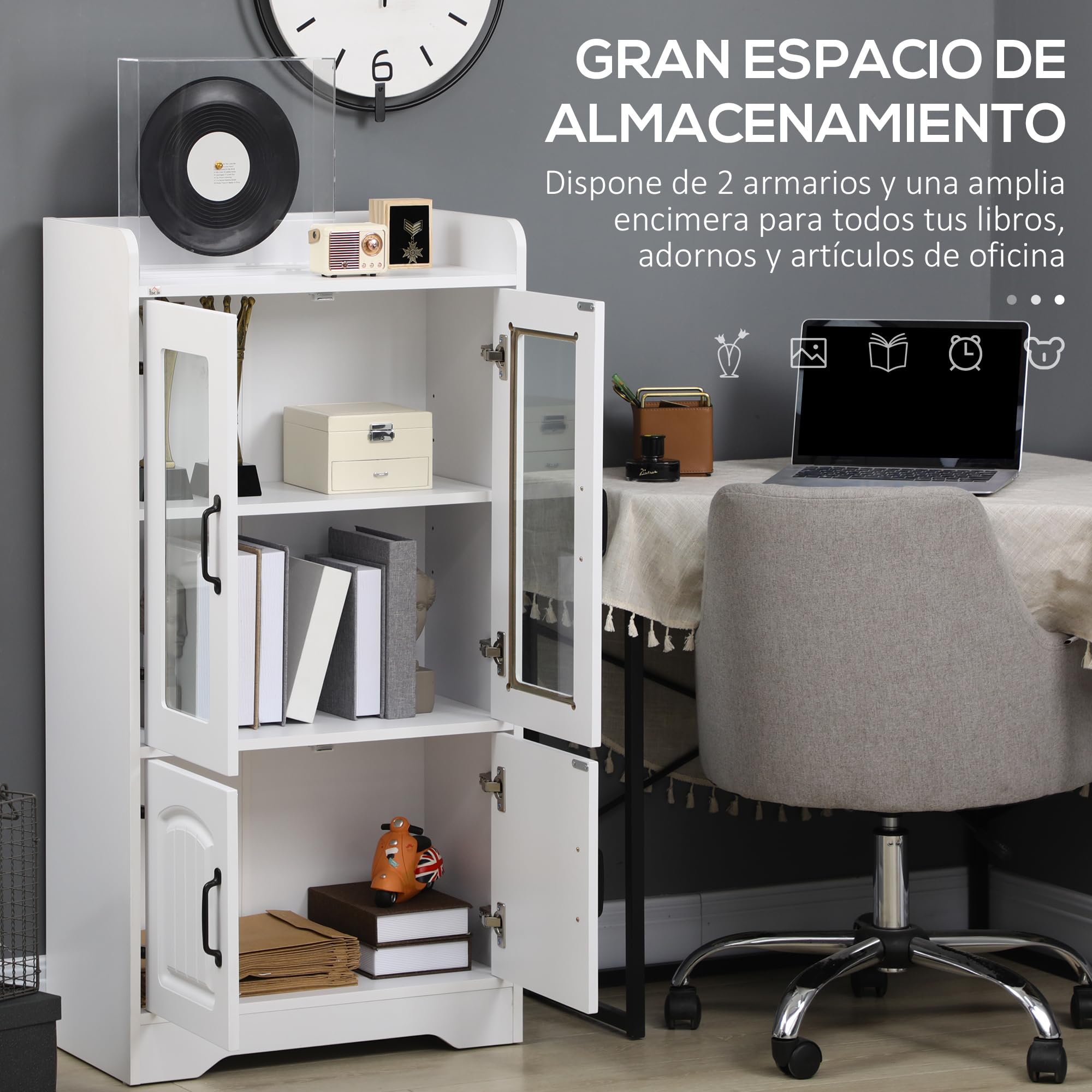 HOMCOM Vitrina de Salón Estantería Puertas de Vidrio 60x30x116 cm Blanco | Librería, Estante Ajustable, Bisagras de Cierre Suave, para Estudio Oficina Dormitorio