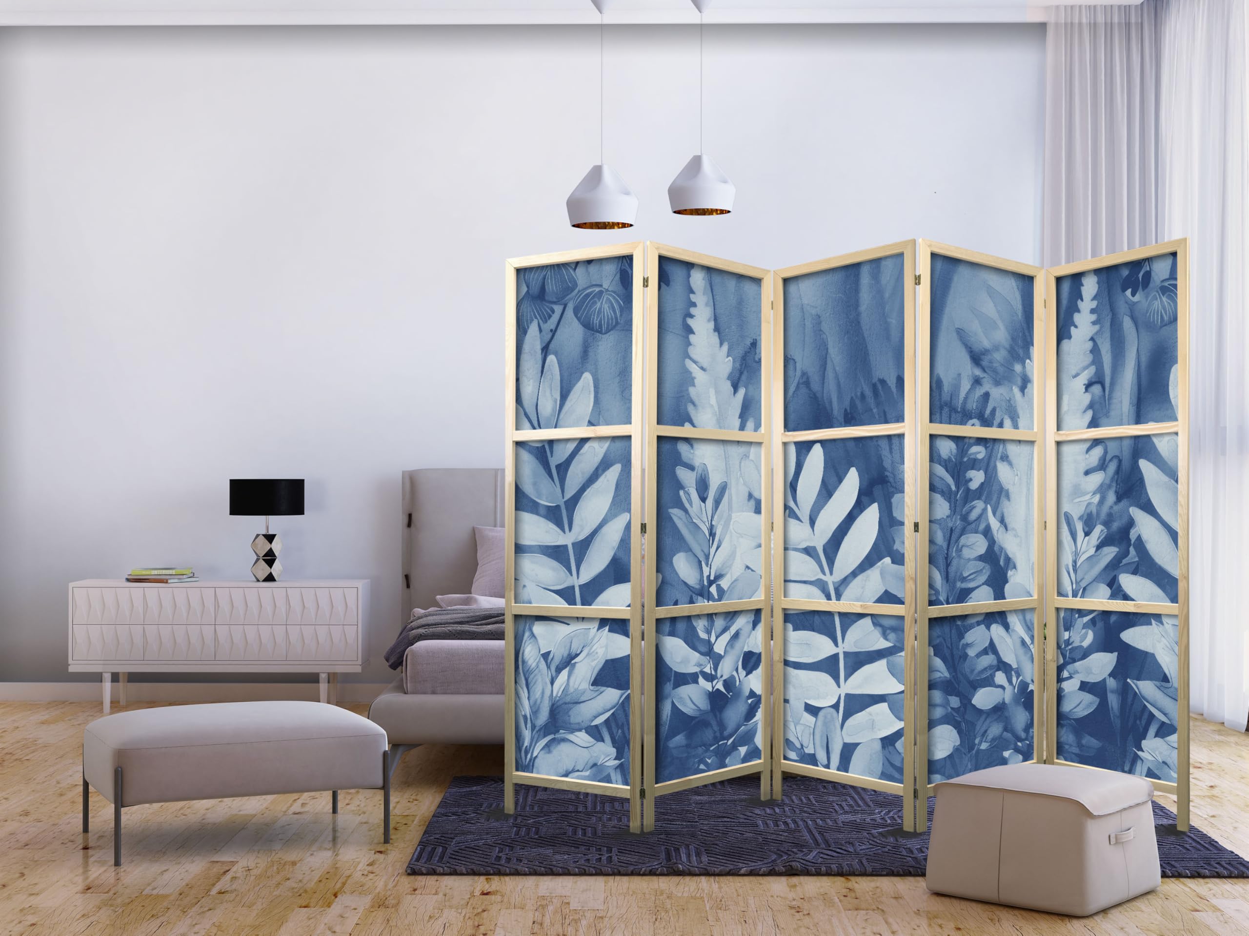 murando - Biombo XXL Hojas Azules 225x172 cm 5 Paneles biombo Separador de ambientes biombos separadores Paneles japoneses Paneles Decorativos b-H-10115-bh-d