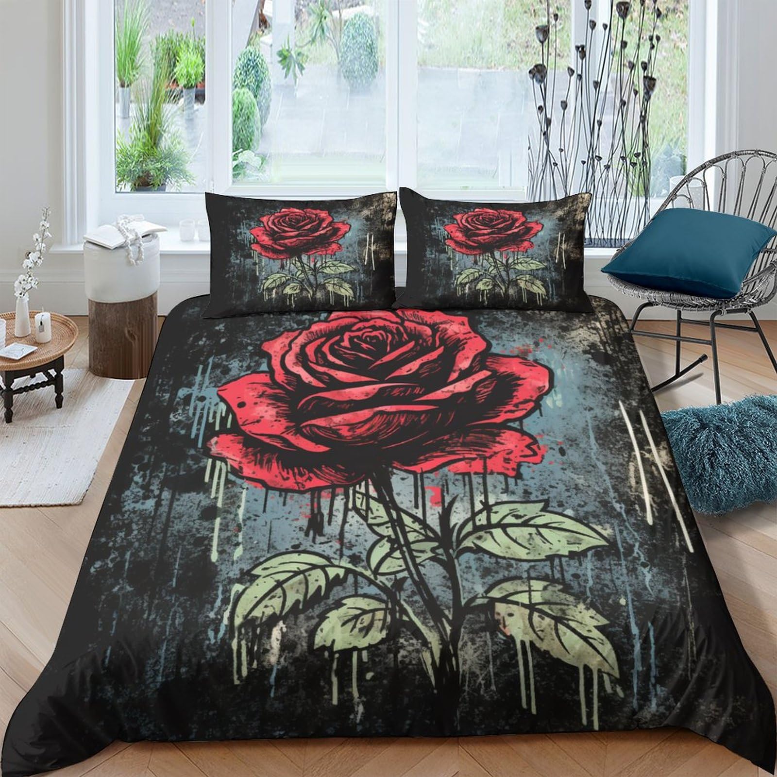 Housse de couette roses anciennes parure de lit 3D style vieilli 3 pièces 200x200cm