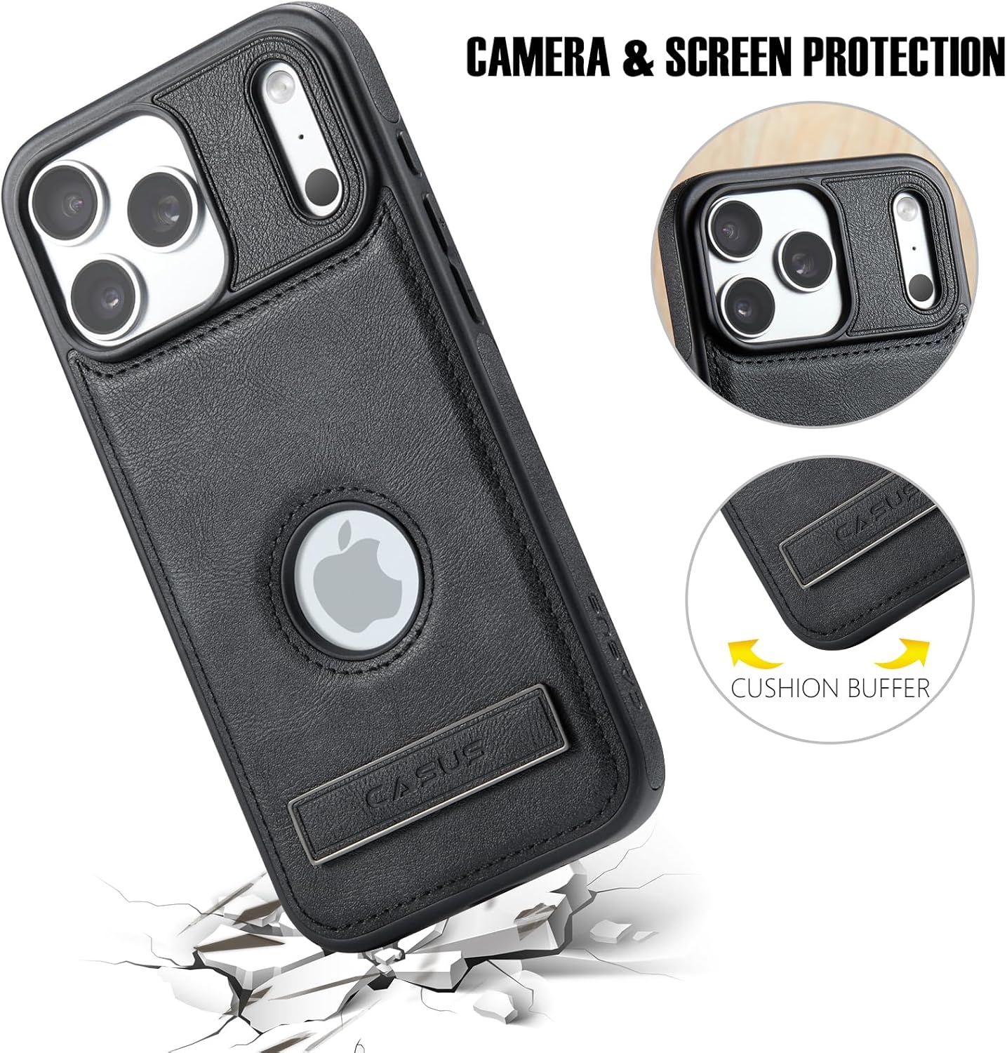 Casus Designed for iPhone 17 Pro Case Compatible with MagSafe Kickstand Vegan Leather Slim Classic Luxury Elegant Thin Protective Cover with Tempered Glass Screen (2025) 6.3" - Black - Image 3