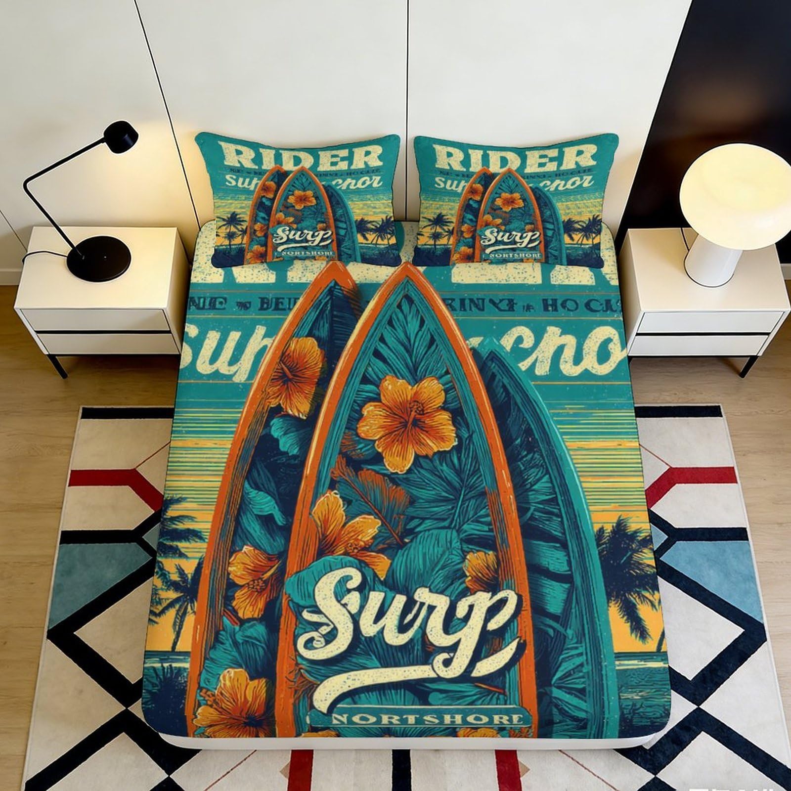 3D Printed Tropical Surfboard Fitted Sheet Microfiber Orange Flower Bed Cover for Bedroom Guest Room Decor 90x200x25cm