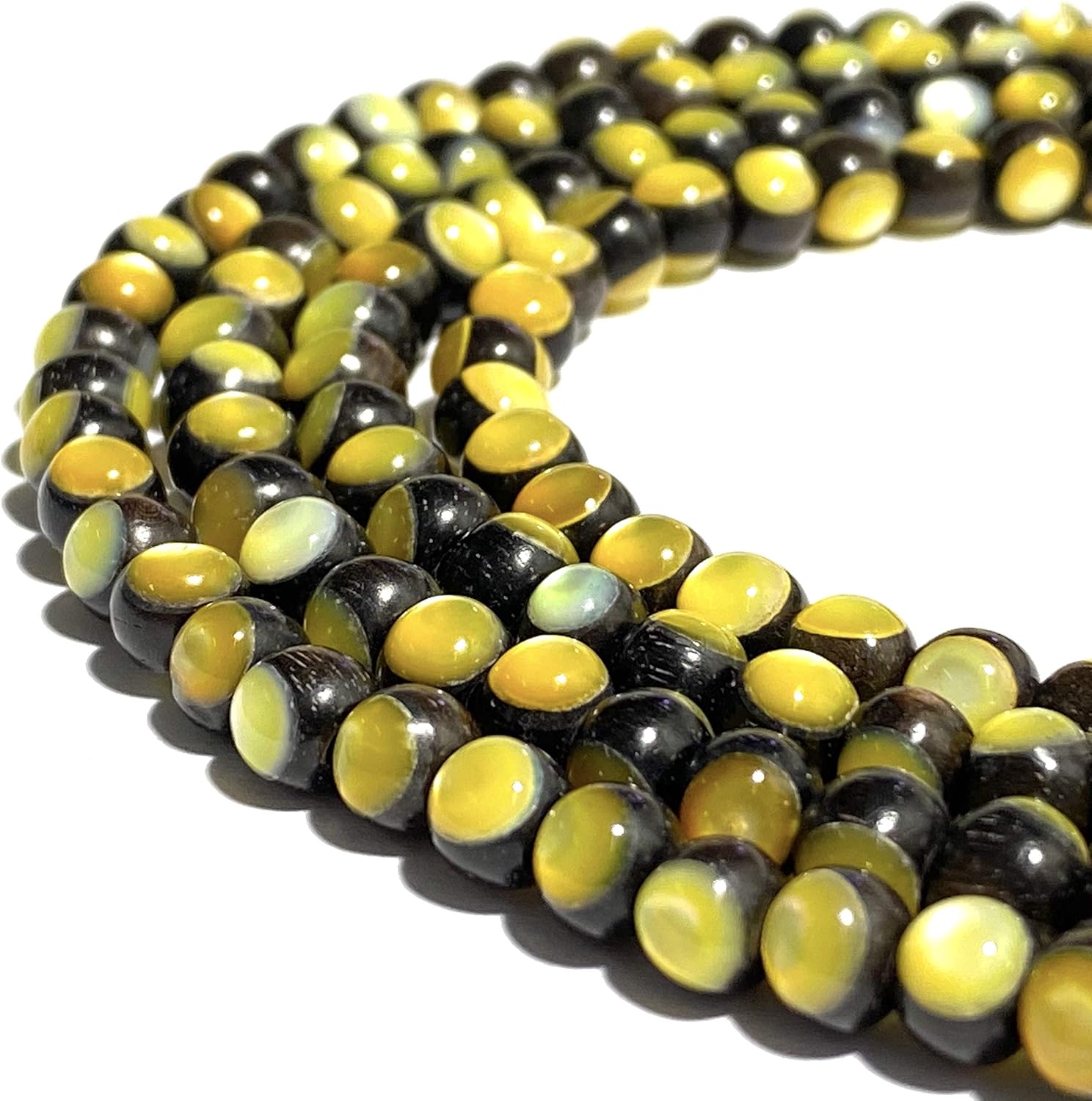 ABCGEMS Golden Pearl Oyster Shell from Australia - Double Inlay Beads - Authentic Ebony Wood - Ethically Sourced - Small Batch Production - 360° Shell Inlay Design - Round 7-8mm (8 Inches, 28-29 Pcs)