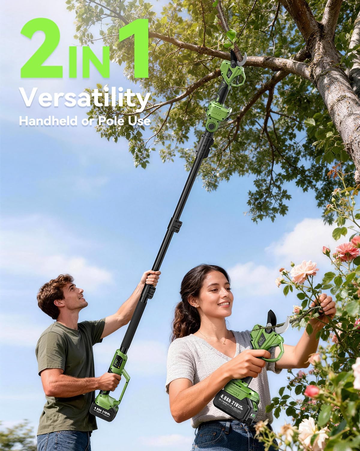 J-KU Electric Pruning Shears Cordless: 2-in-1 Electric Tree Pruner with Extension Pole, 21V 2×4000mAh Battery Powered, 1.4" Cutting Diameter, Brushless Pole Pruner Branch Cutter for Tree Trimmer