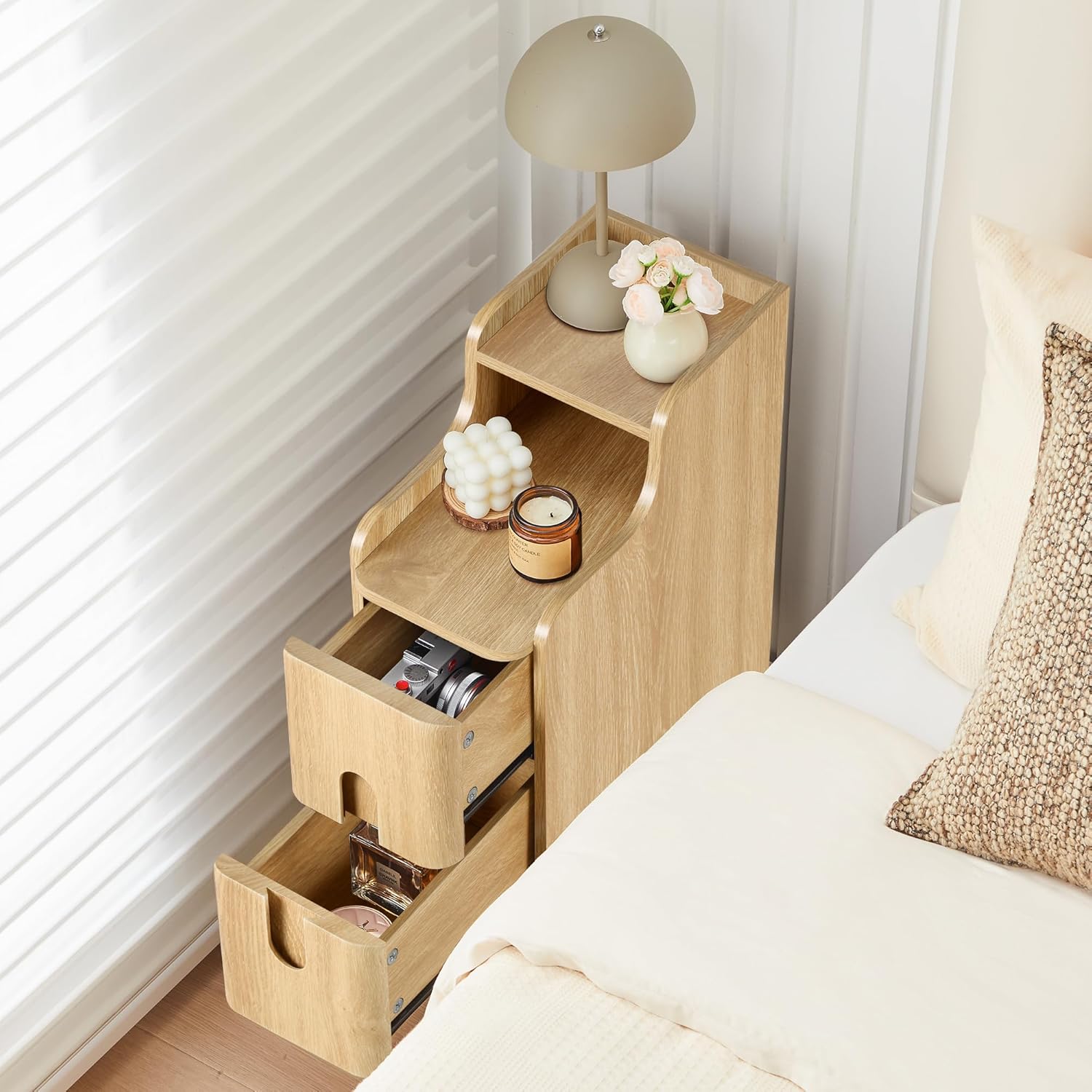 Small Nightstand Set of 2, Wood 2 Drawer Narrow Nightstand, Slim Side Table, Modern Skinny End Bedside Table, Natural Wood Night Stand with Drawers for Bedroom (Natural-1 pc)
