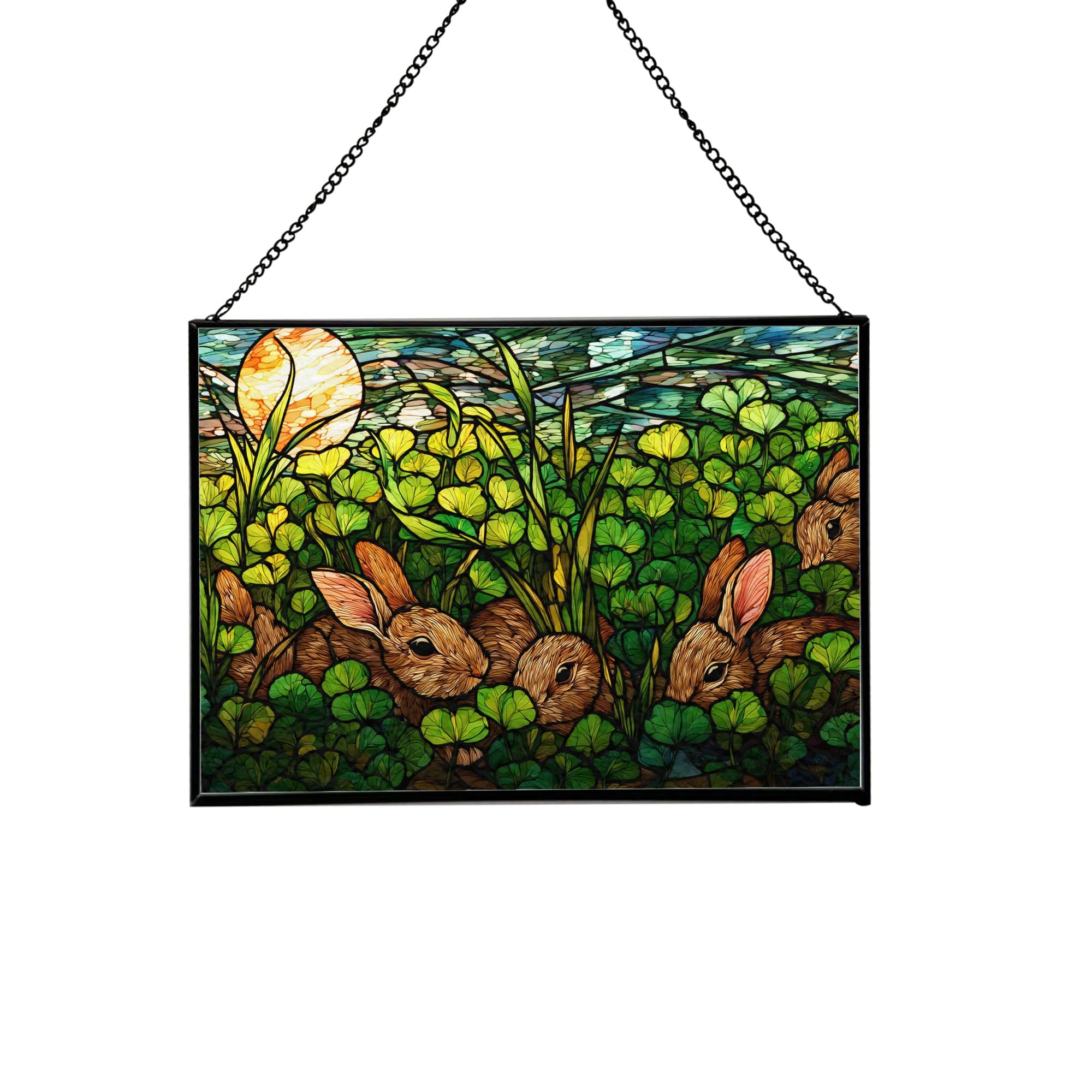 Rabbits Hiding Beneath Clover Field Rectangular Stained Glass Suncatcher – Hanging Window Panel with Animal & Nature Scene – Vibrant Glass Art Gift for Wildlife, Fantasy, Nature Lovers 1keEn5