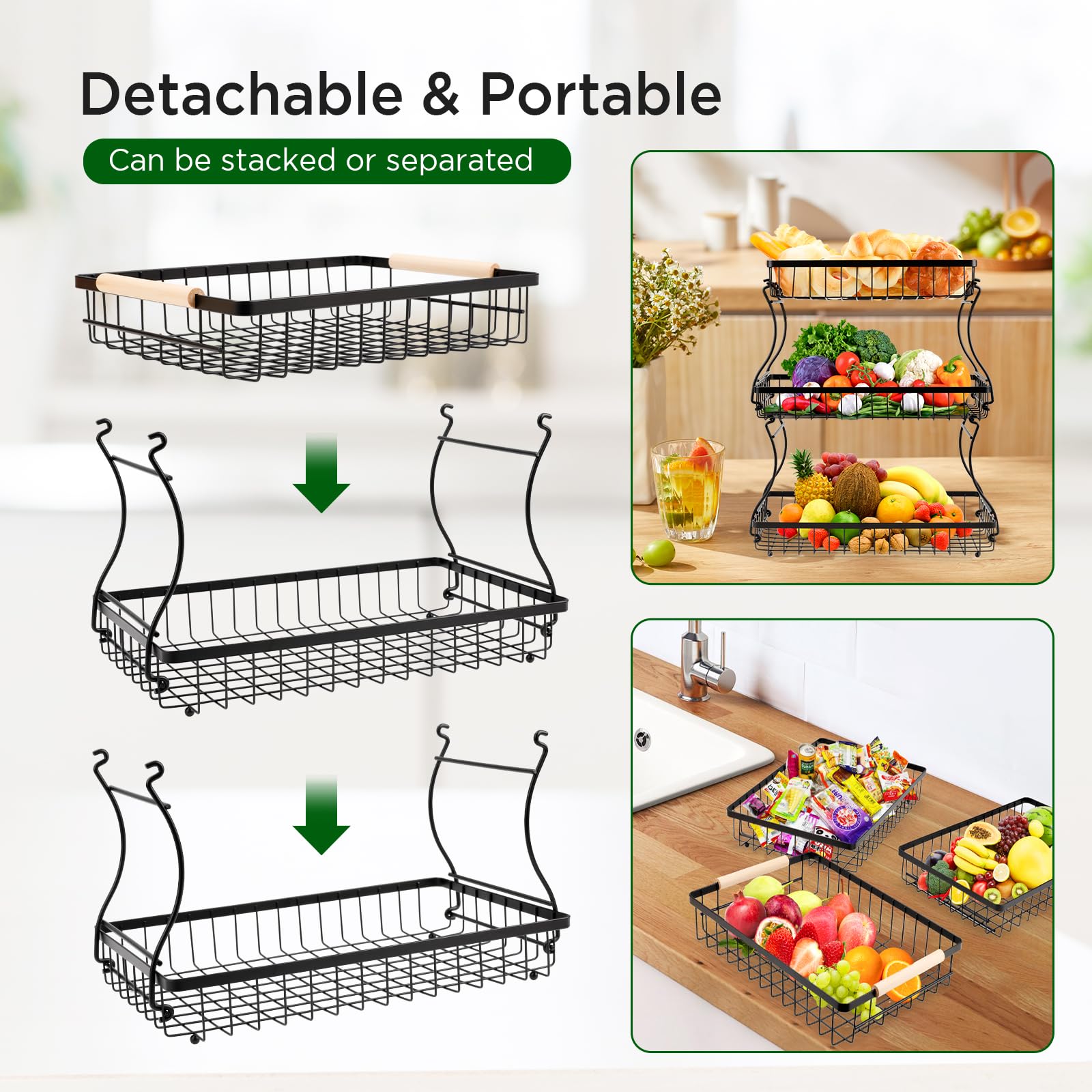 VINATO Frutero de 3 Niveles de Metal – Organizador Moderno con Asas de Madera, para Cocina, Baño & Más – Ideal para Frutas, Verduras & Almacenamiento, Negro