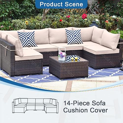 Miniatura 7 de 14 fundas de cojín de patio para 7 piezas, muebles de exterior, juegos de asientos seccionales, resistentes al agua, más 2 almohadas (caqui, 24.8