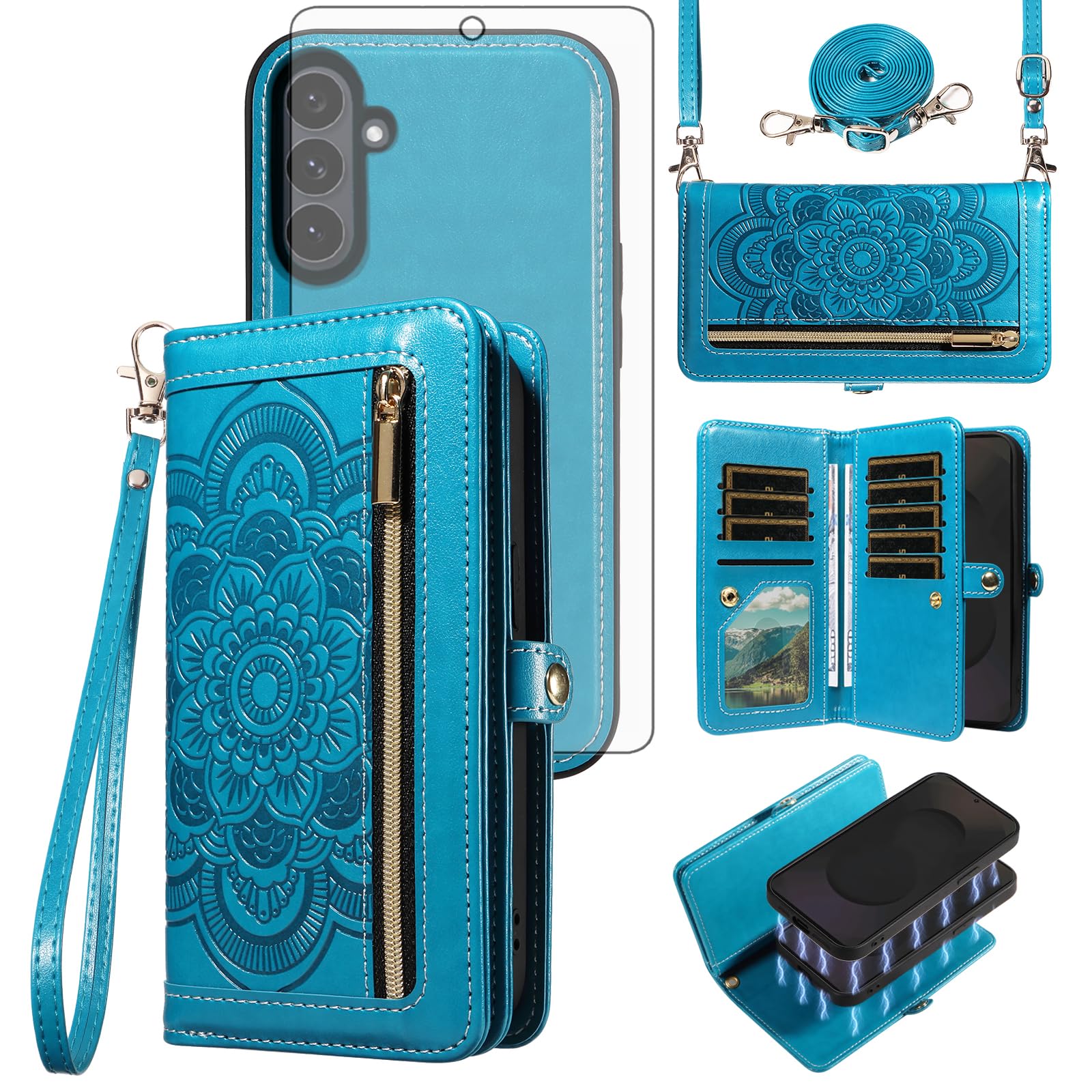 Asuwish Funda de teléfono para Samsung Galaxy S25 FE 5G con cremallera, funda desmontable para celular con protector de pantalla de vidrio templado, correa cruzada para la muñeca, tarjetero de flores