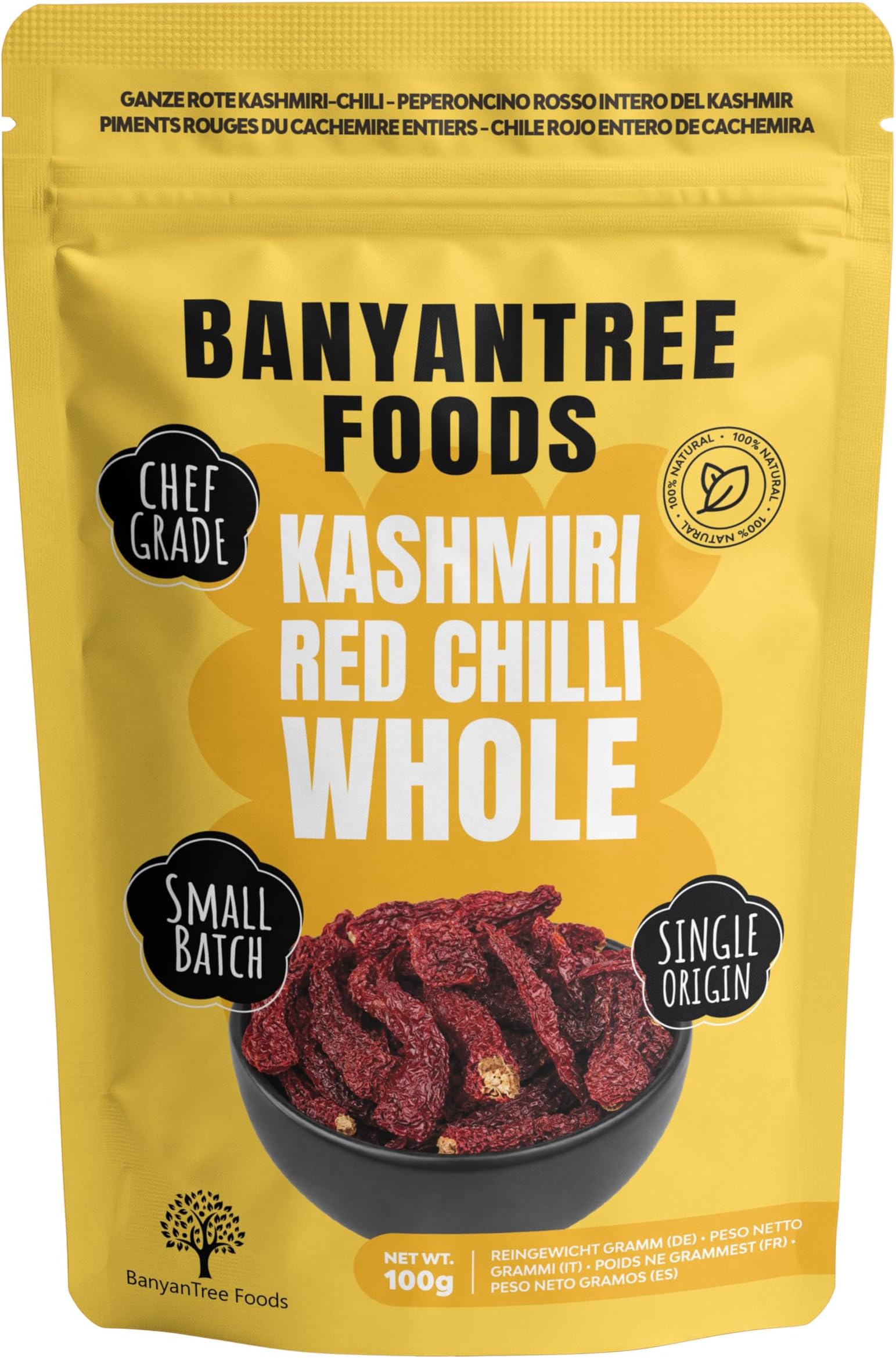 BanyanTree Foods Kashmiri Chilli Whole | Dried Chilli Whole 100g ~ All Natural, Indian Origin