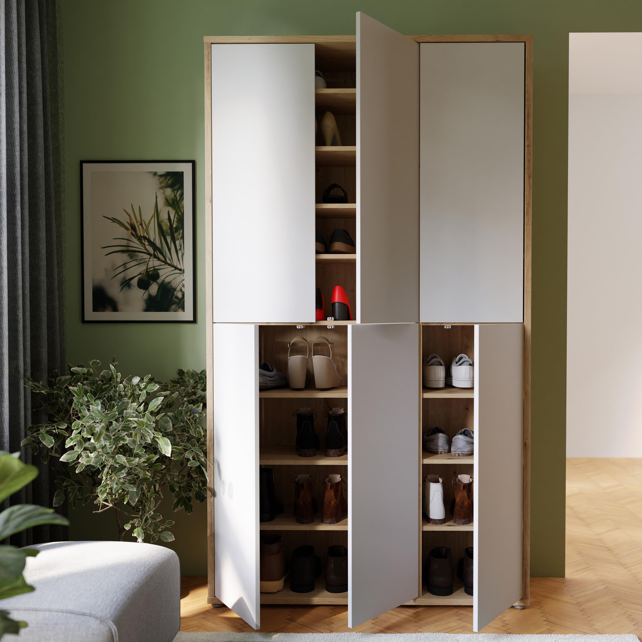 Forte Alice Springs Schuhschrank 100 110, Schrank mit 6 Türen, 15 Einlegeböden, Holzwerkstoff, Grau mit Artisan Eiche Holzdekor, 109,2 cm breit x 191,9 cm hoch x 34,9 cm tief