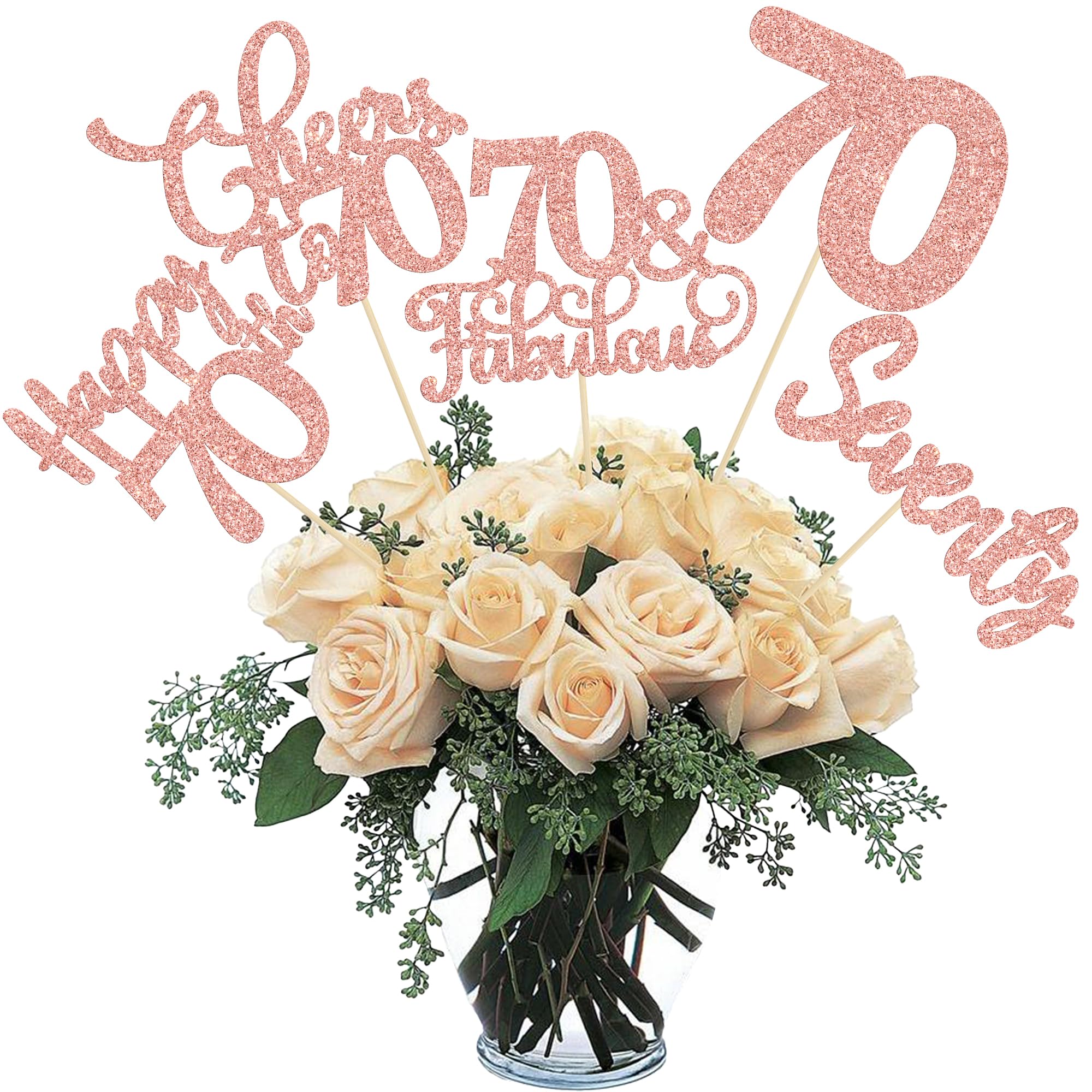 Ephlyn 15Pcs 70th Birthday Centerpiece Sticks Seventy Happy 70 Table Flower Centerpieces Sticks Cheers to 70 Floral Decorations for 70th Birthday Party Centerpieces Supplies Rose Gold